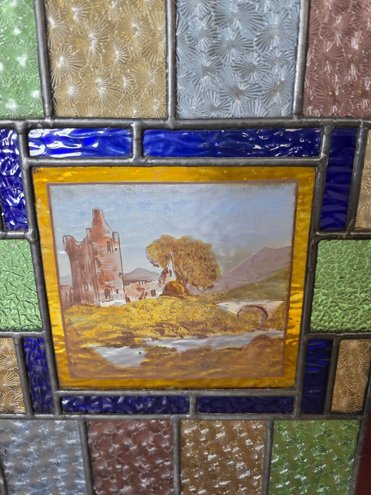 1900 Antique Leaded Glass Window With Hand Painted Countryside Scene With Castle photo furniture