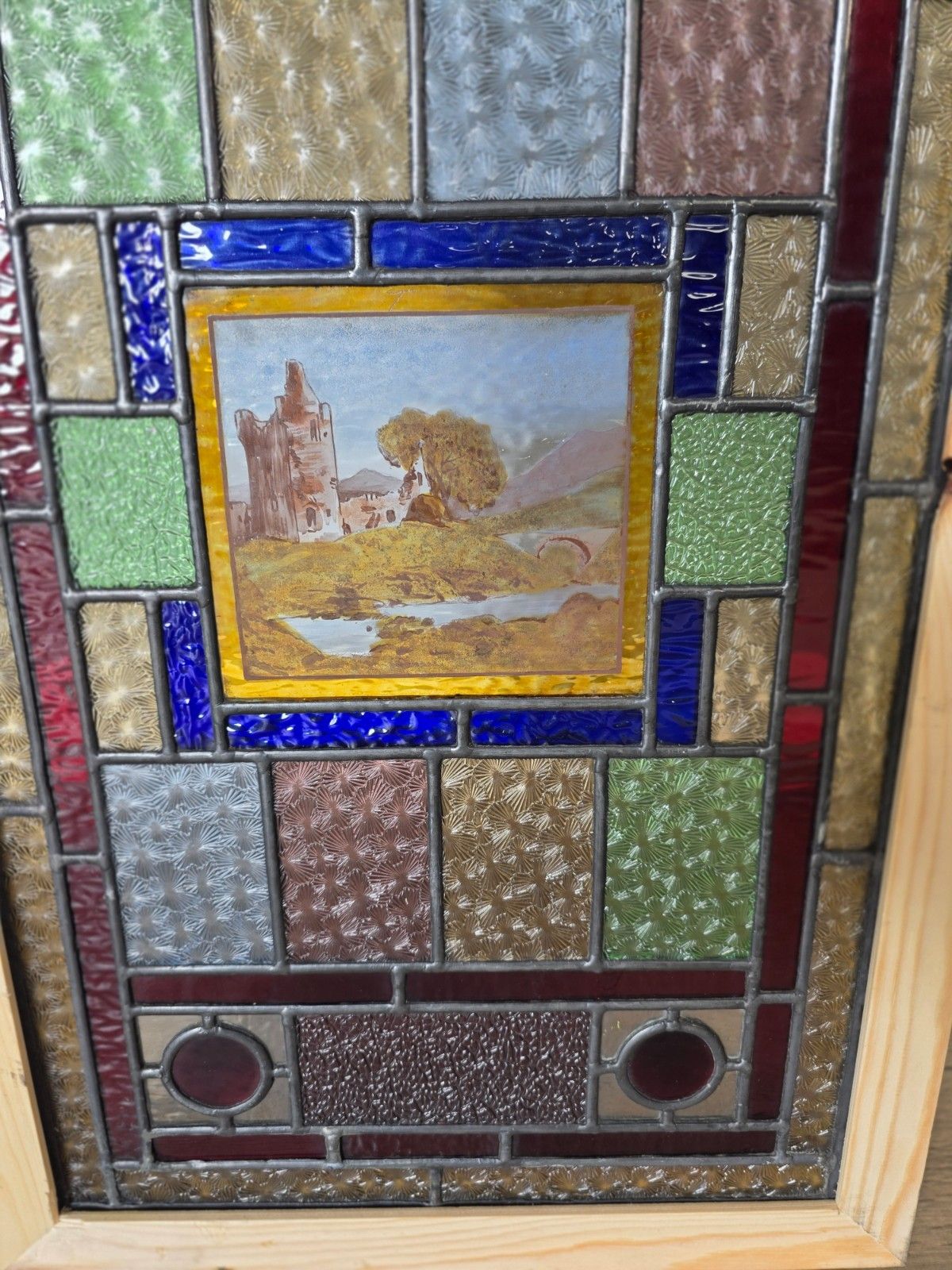 1900 Antique Leaded Glass Window With Hand Painted Countryside Scene With Castle photo 650.0