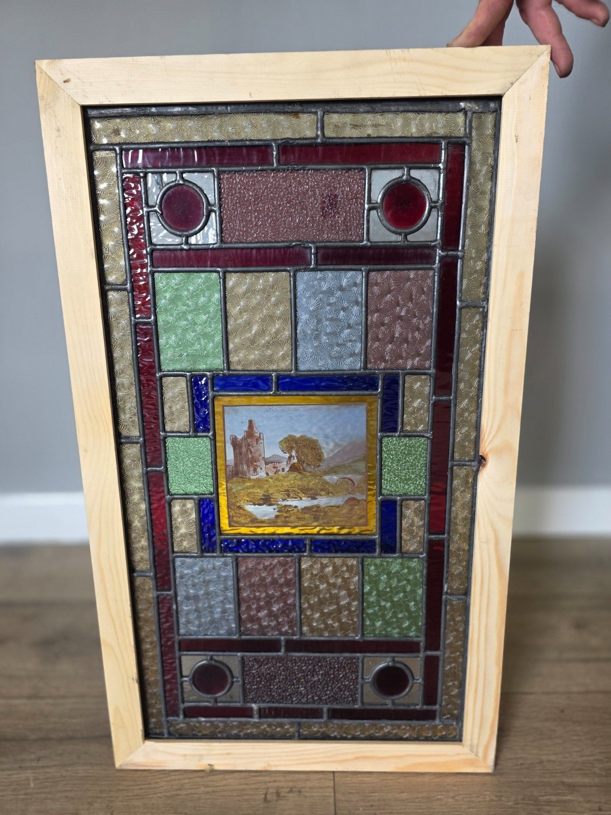 1900 Antique Leaded Glass Window With Hand Painted Countryside Scene With Castle photo vinterior