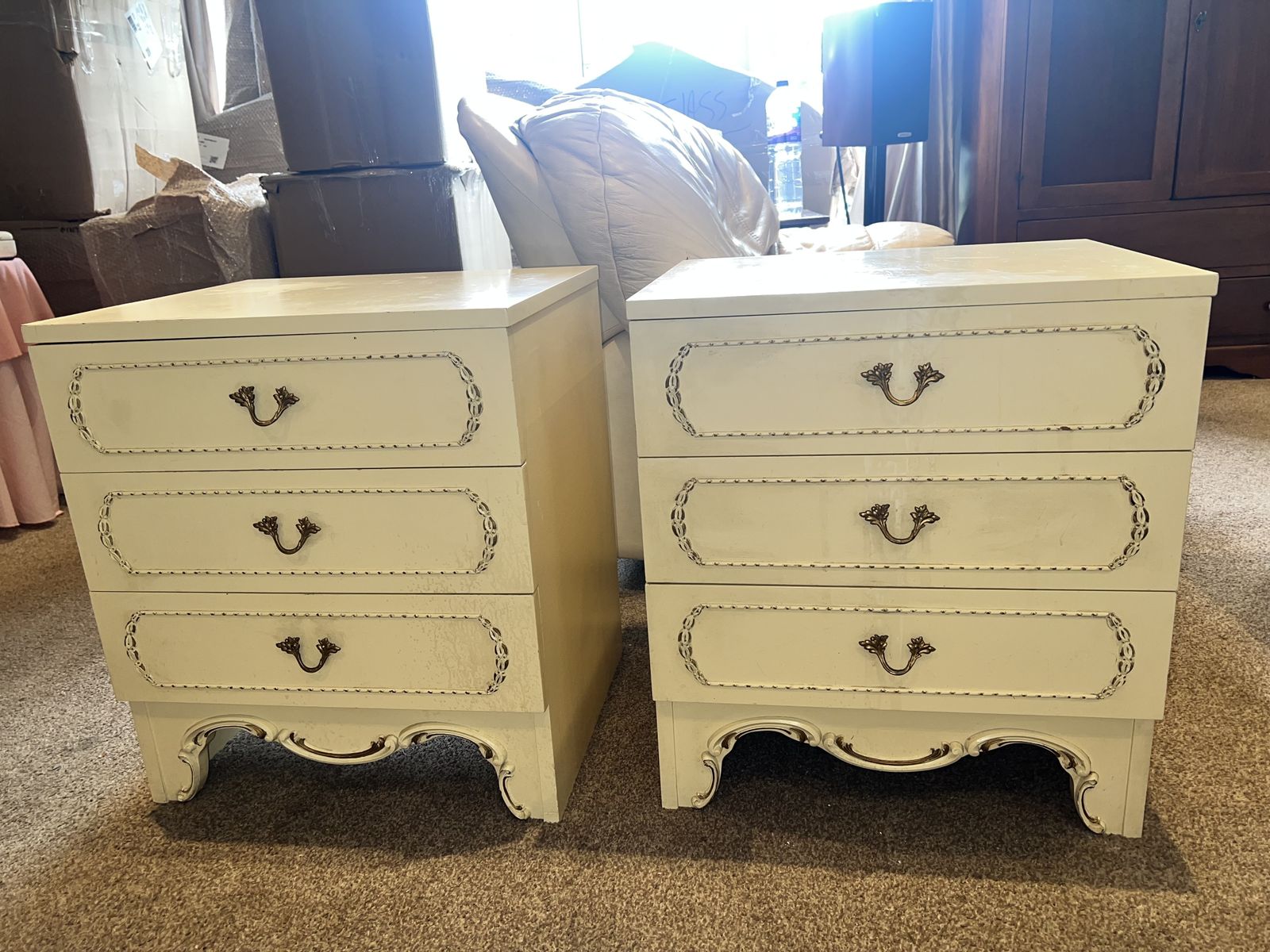 Pair Of Antique Olympus French Louis Style Bedside Tables photo for sale