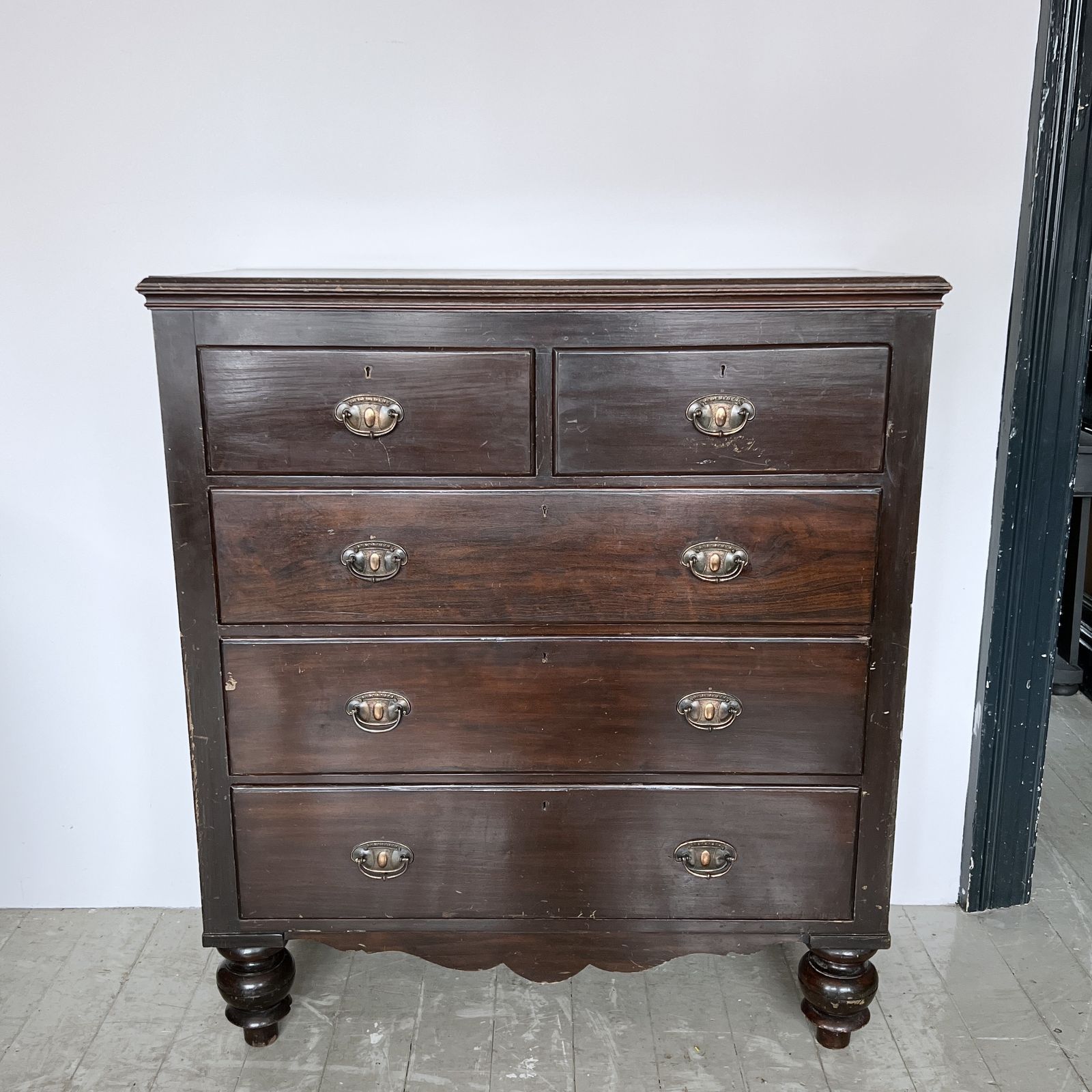 Dark Stained Wooden Chest Of Drawers With Original Handles