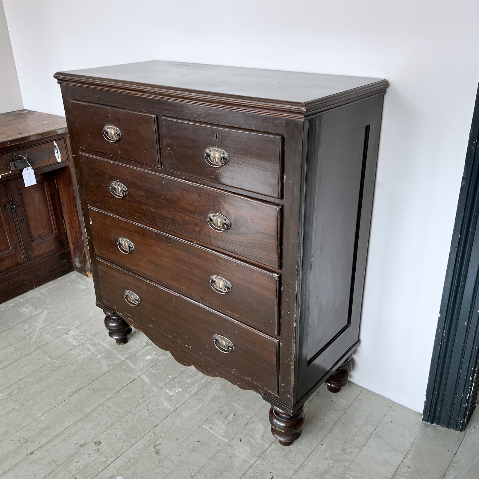 Dark Stained Wooden Chest Of Drawers With Original Handles photo furniture