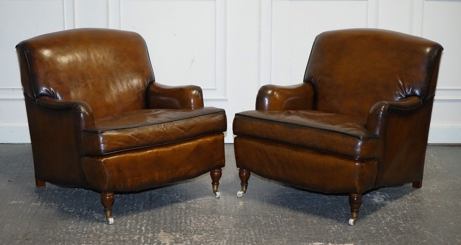 Pair Of Cigar Hand Dyed Leather Howard & Sons Style Armchairs On Castor Feet photo furniture