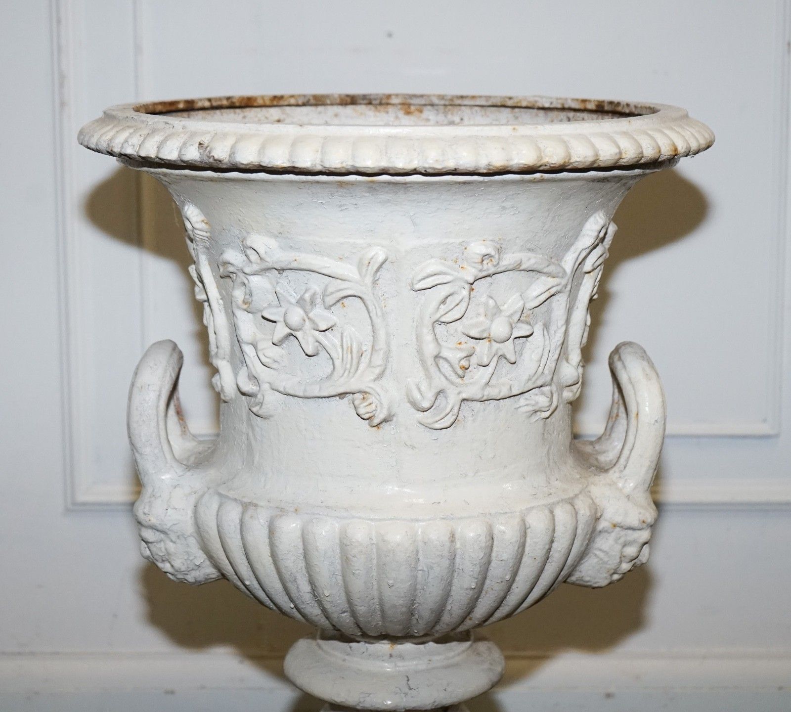 Victorian Painted Cast Iron Urn Flared Beaded Rims Above Scrolling Acanthus photo for sale