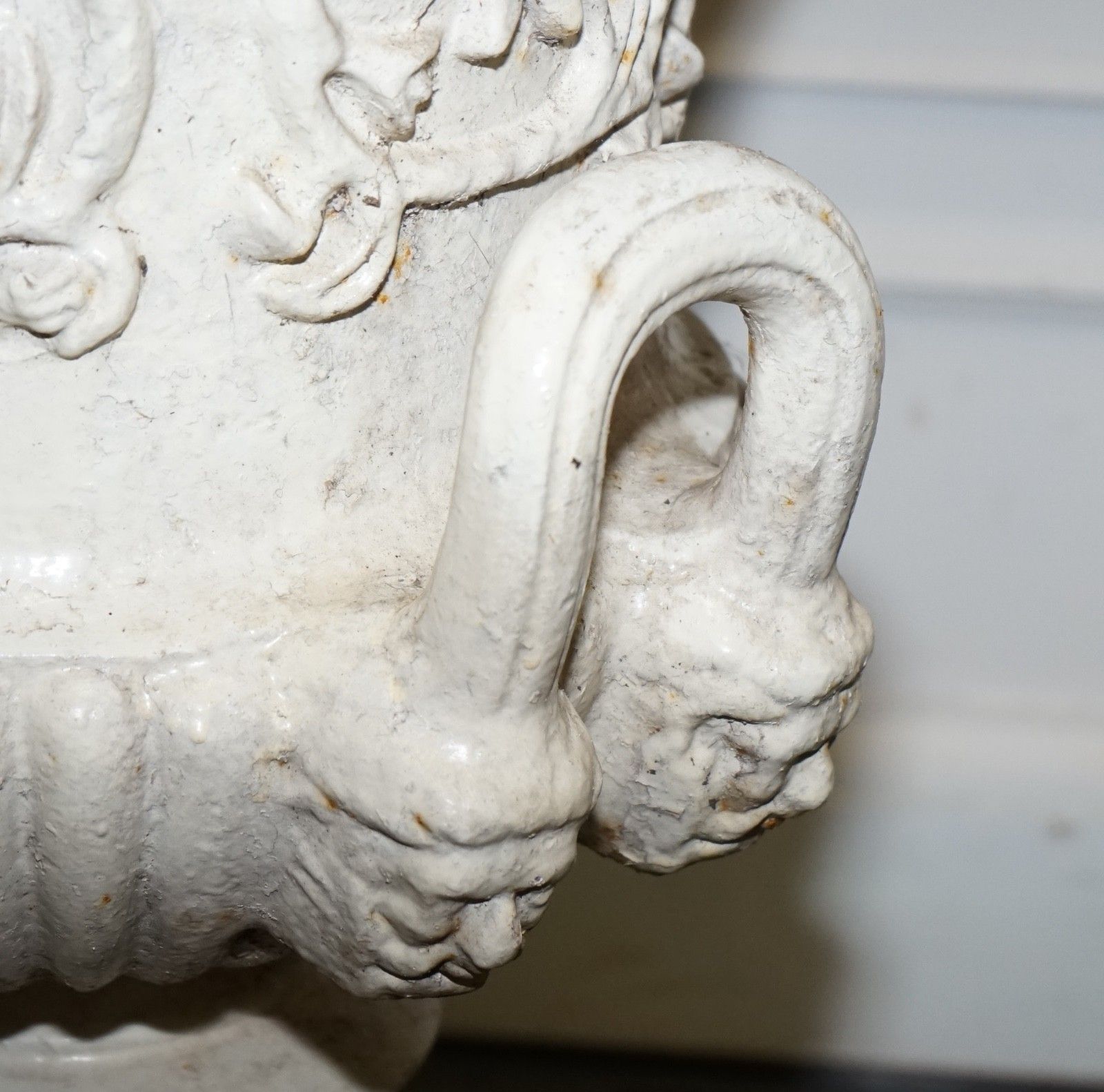Victorian Painted Cast Iron Urn Flared Beaded Rims Above Scrolling Acanthus photo vinterior