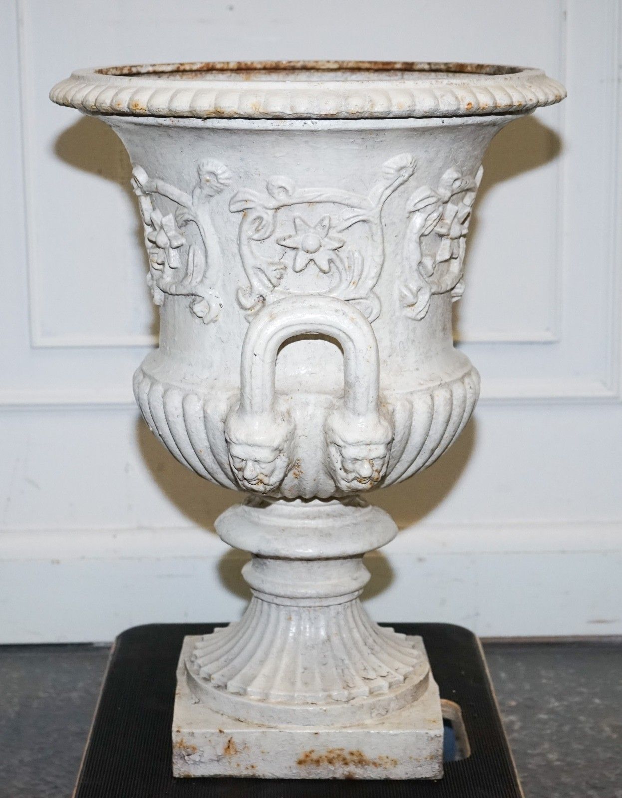 photo for sale Victorian Painted Cast Iron Urn Flared Beaded Rims Above Scrolling Acanthus