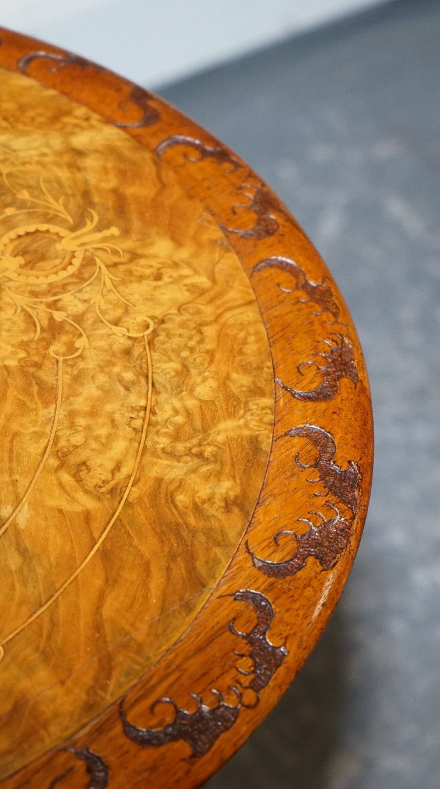 photo for sale Antique Marquetry Burr Walnut Pedestal Side End Table With Carved & Turned Base