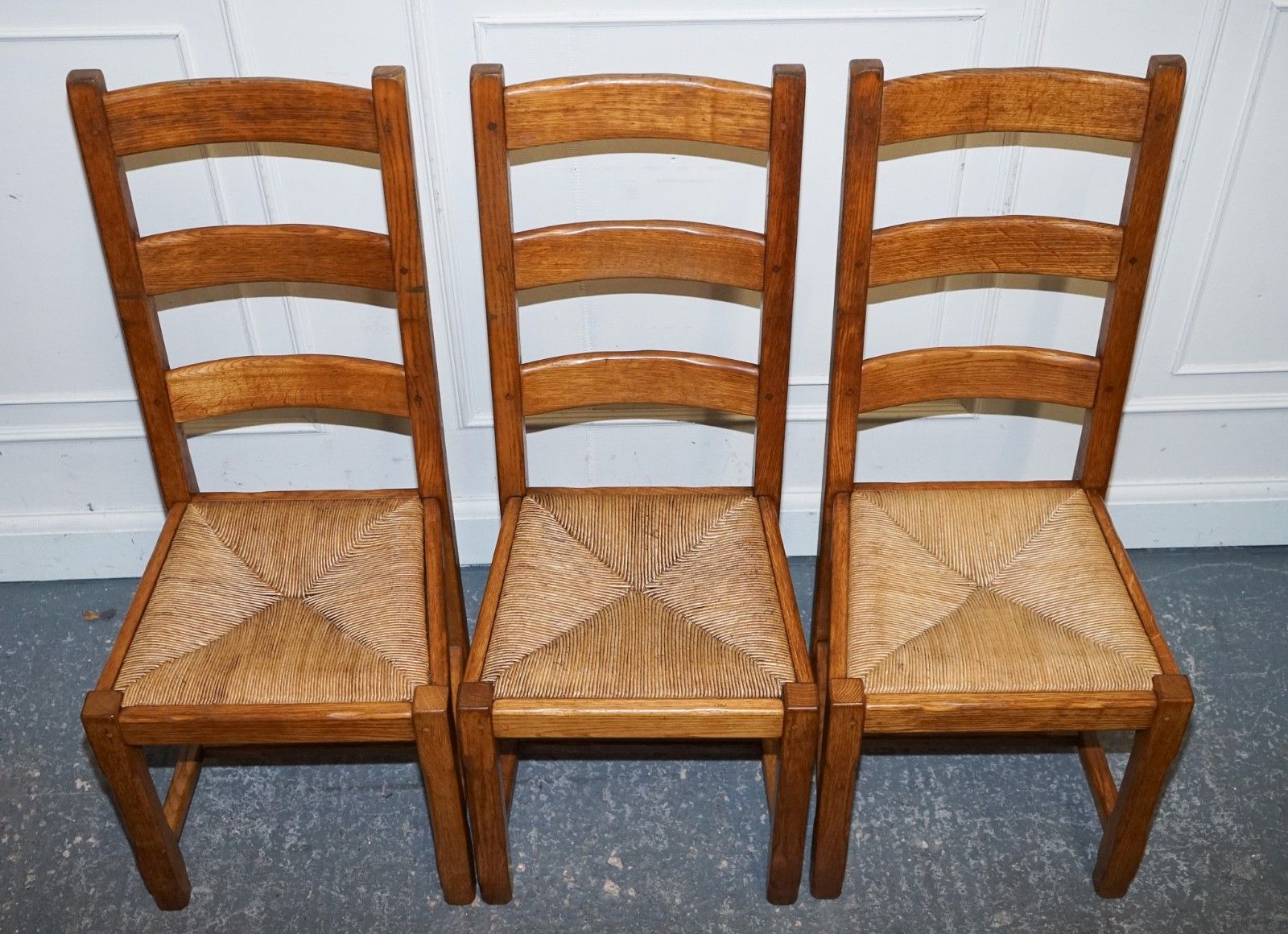 1950's French Set Of 6 Farm Country House Ladder Back Dining Chairs Straw Seats photo vintage