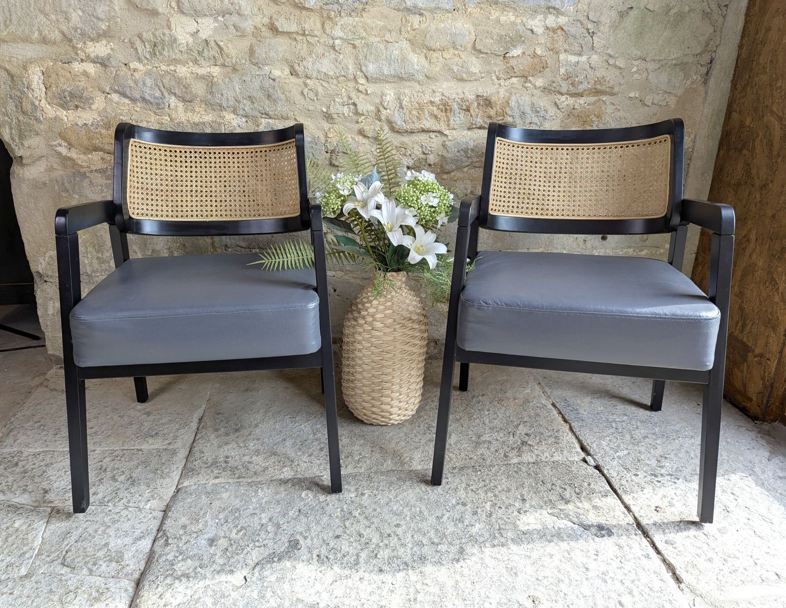 Pair Rattan Back Black Carver Dining Chairs   Occasional Armchairs Cafe Chairs