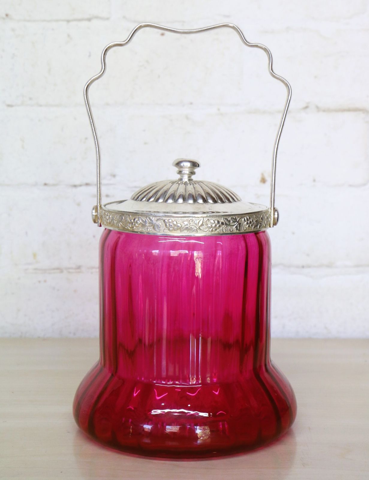 A Cranberry Glass Biscuit Barrel Early 20th Century Epns Fittings And Handle Excellent photo for sale