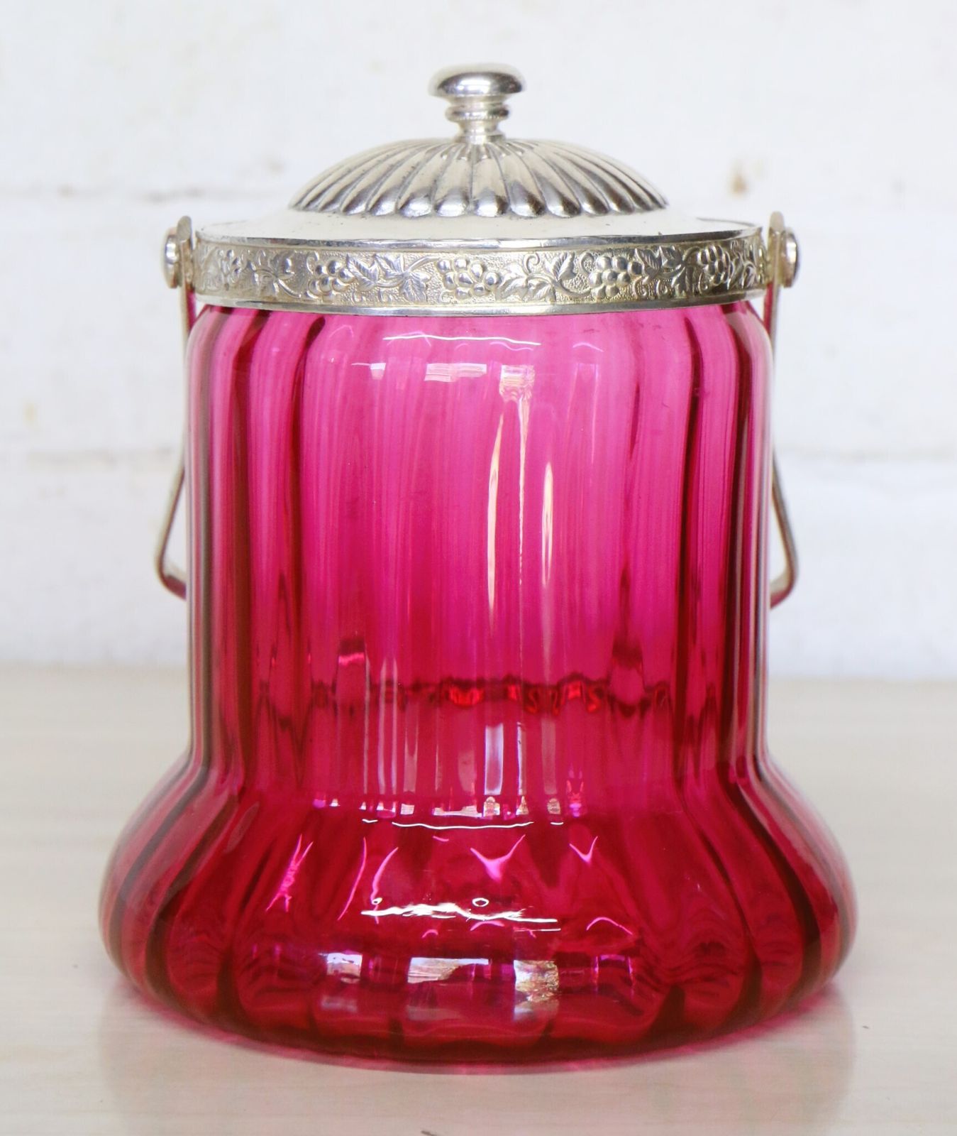 A Cranberry Glass Biscuit Barrel Early 20th Century Epns Fittings And Handle Excellent