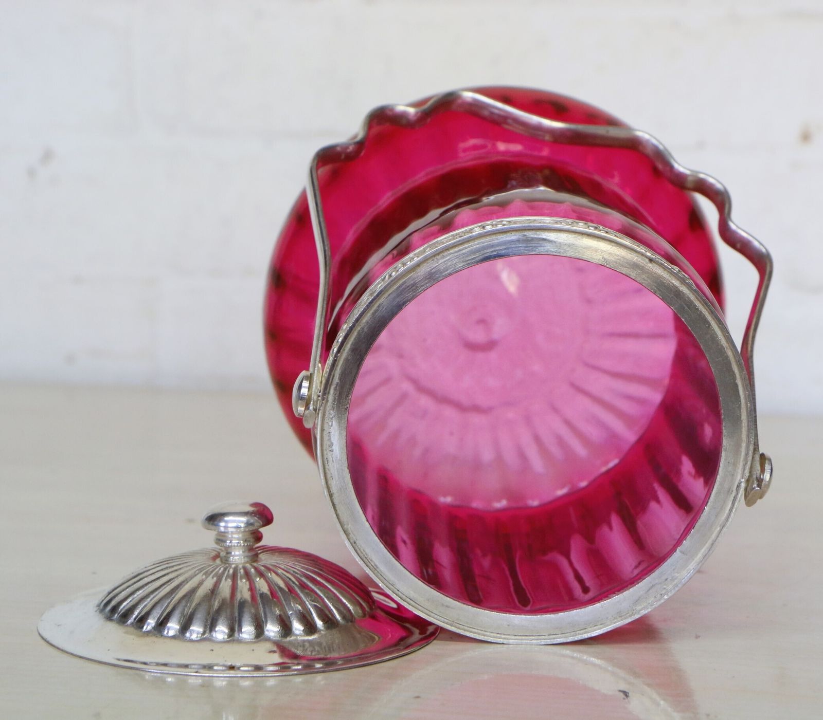 photo for sale A Cranberry Glass Biscuit Barrel Early 20th Century Epns Fittings And Handle Excellent