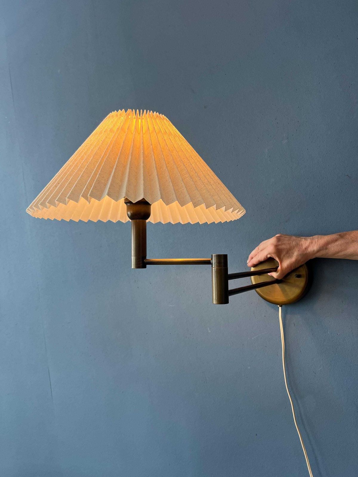 Brass Swivel Arm Mid Century Wall Lamp With Beige Pleated Shade photo Lighting