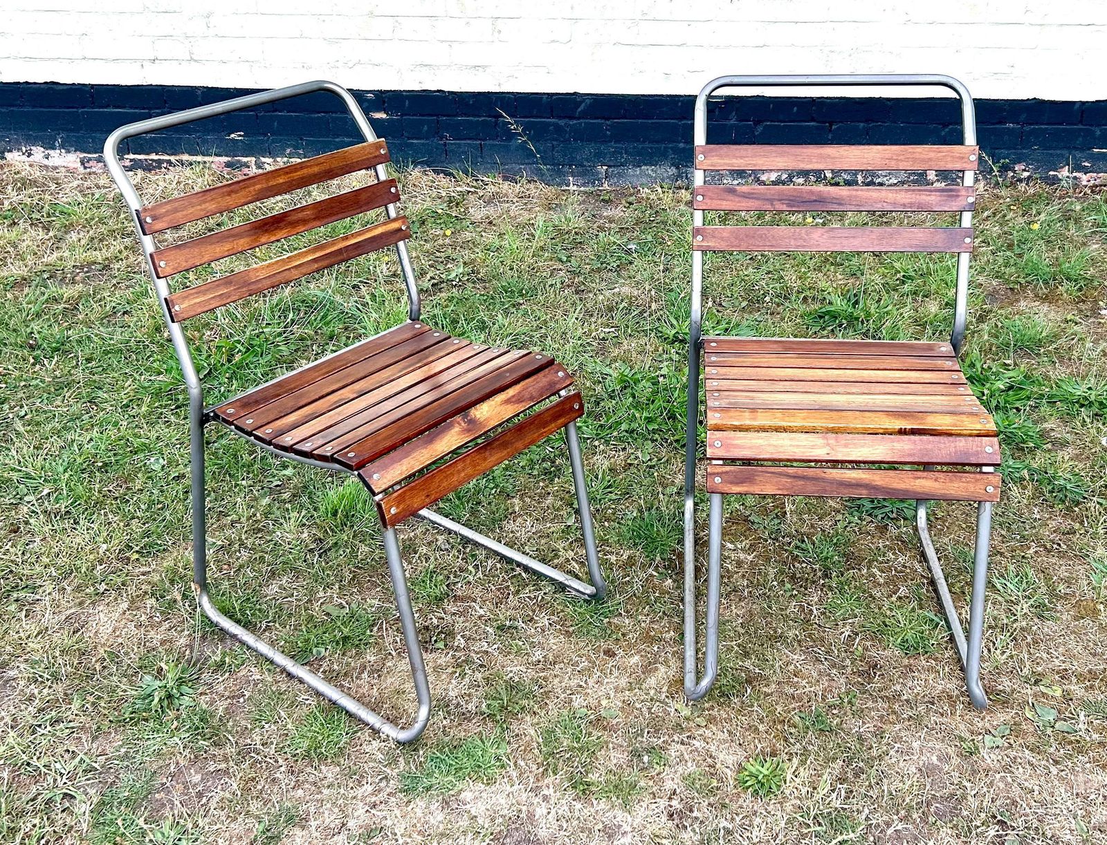 25 Available Grey Vintage Stacking Chairs Antique Industrial Retro Slatted Garden Metal Kitchen Dining Wooden