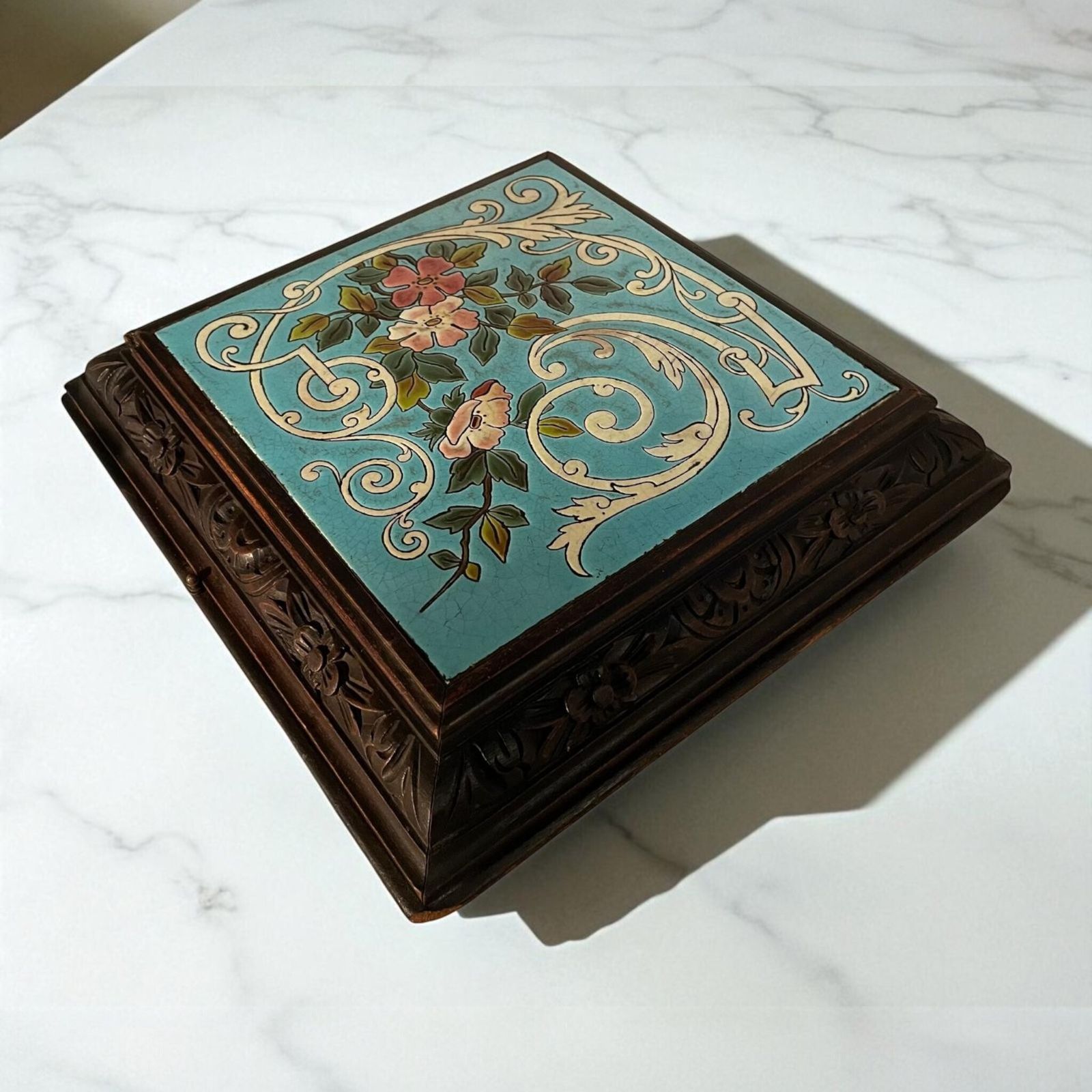 Antique Early 1900s Wind Up Music Box Stand – Hand Painted Tile & Carved Wood