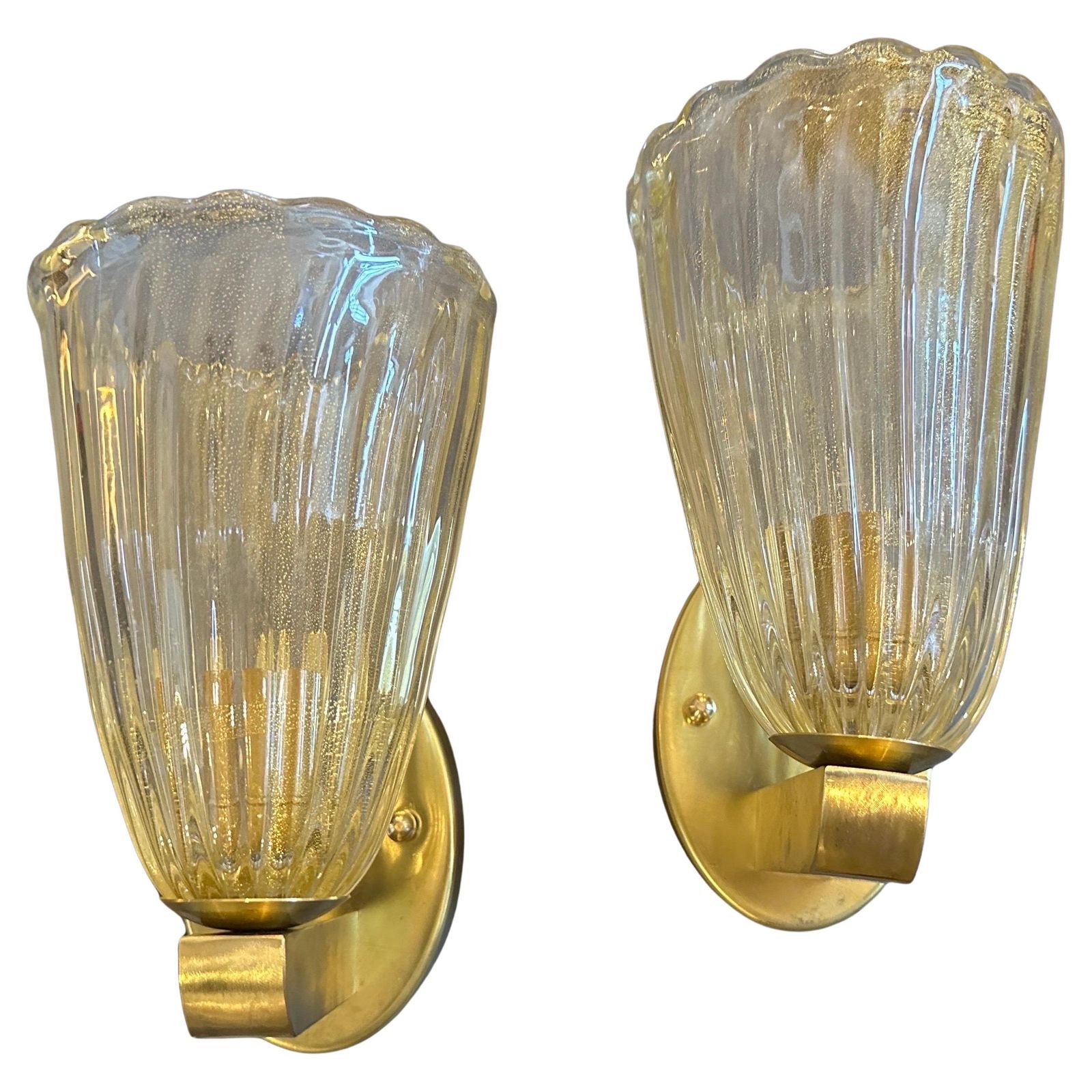 Two 1990s Barovier Style Mid Century Modern Murano Glass And Brass Wall Sconces
