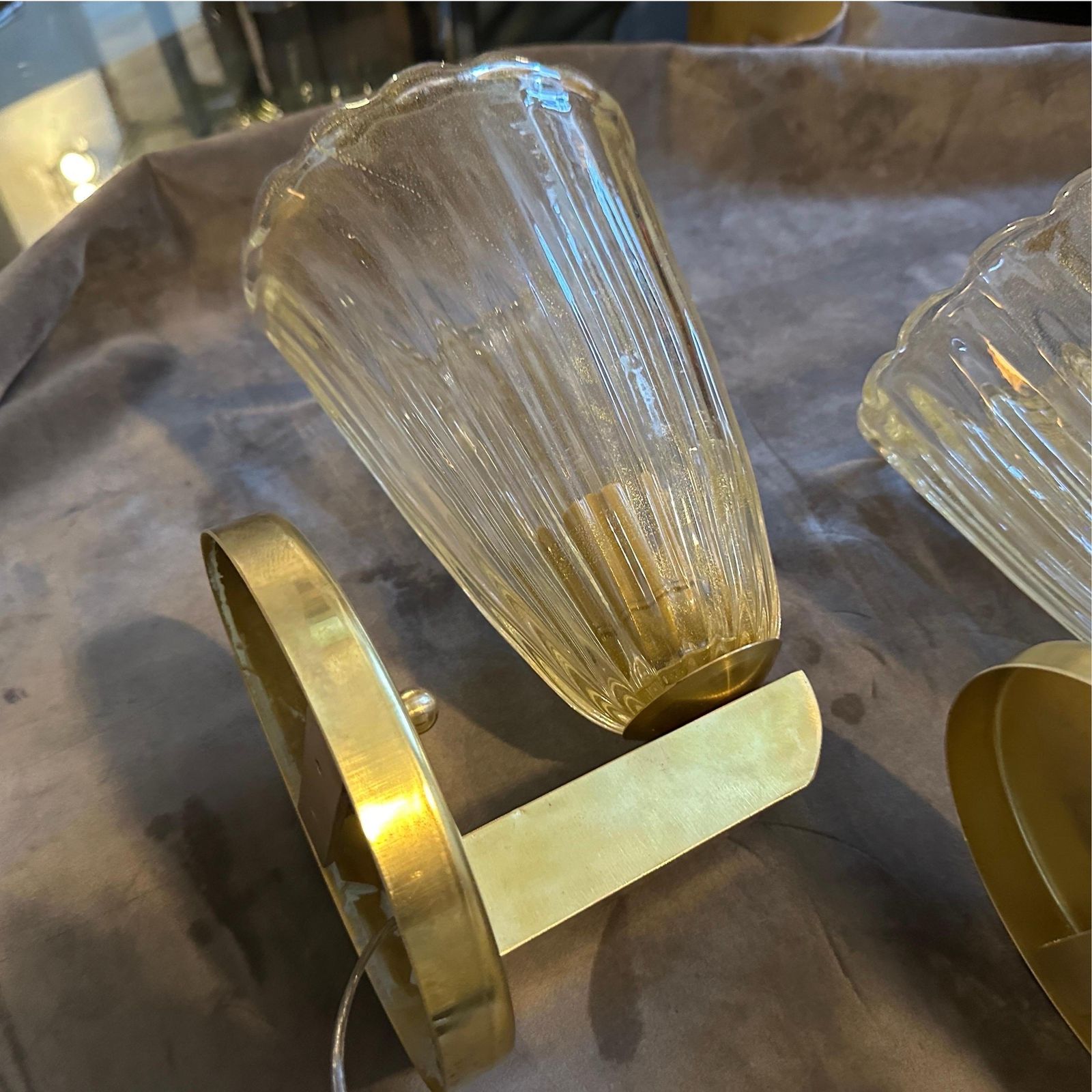Two 1990s Barovier Style Mid Century Modern Murano Glass And Brass Wall Sconces photo Lighting