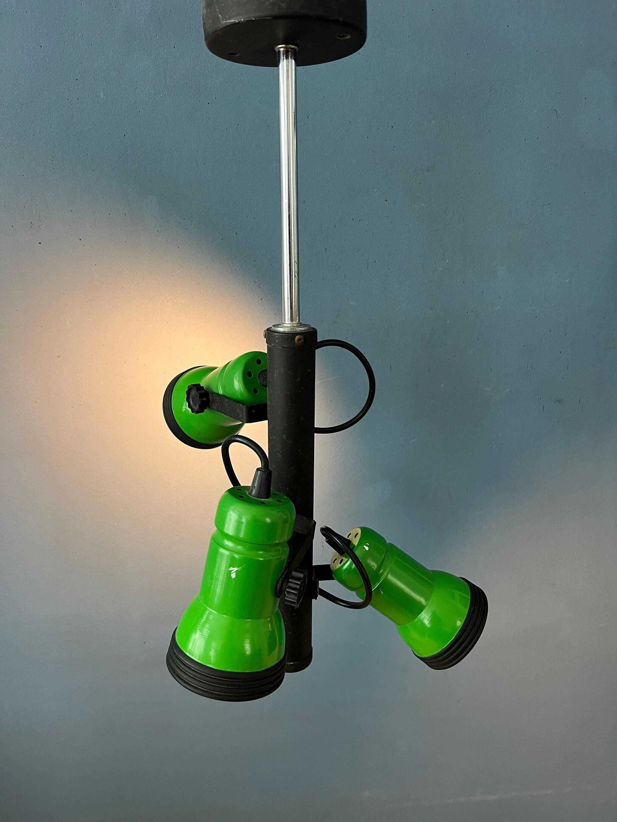 Vintage Downrod Ceiling Lamp With Three Green Spots