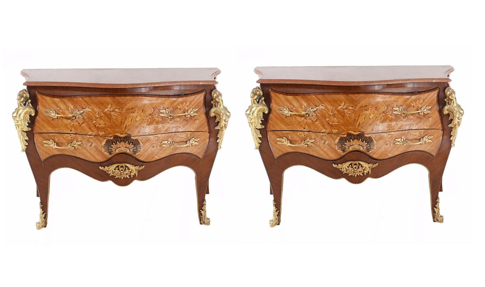 Pair Louis XV Commodes Bombe Chest Drawers Gilt Linke