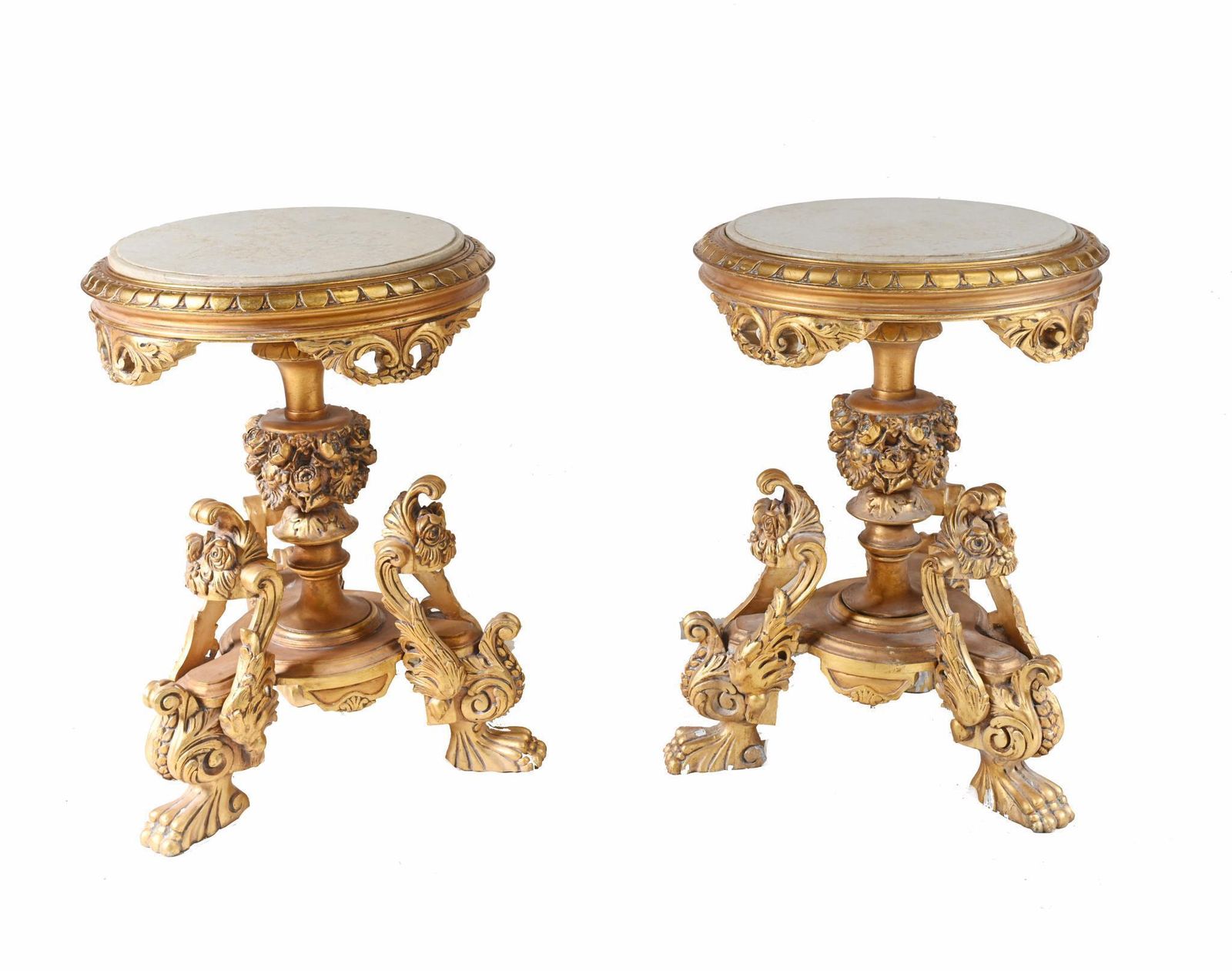 Pair Italian Rococo Side Tables Gilt Carved Pedestals