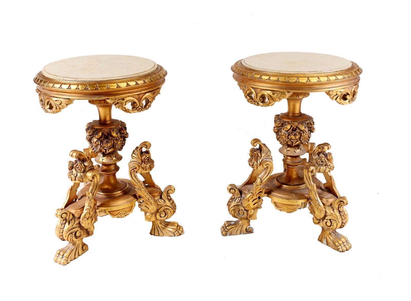 Pair Italian Rococo Side Tables Gilt Carved Pedestals photo for sale