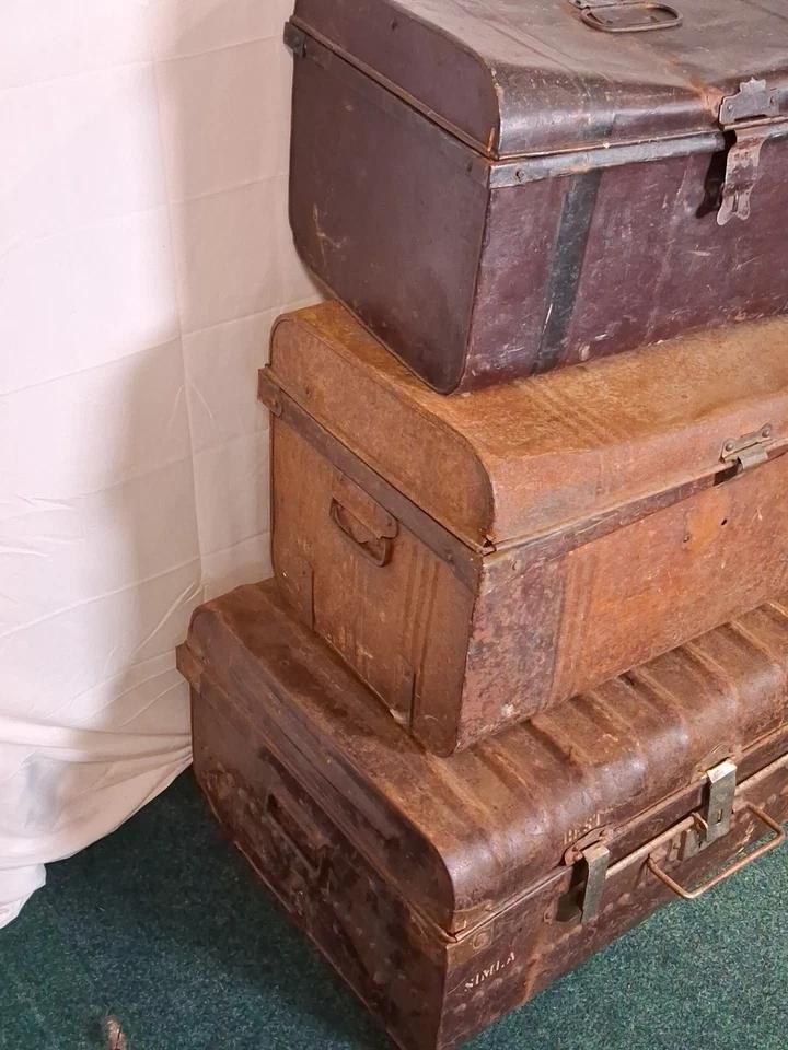 Trio Of Antique Metal Chests Ideal For Shop Display Or Industrial Look photo for sale