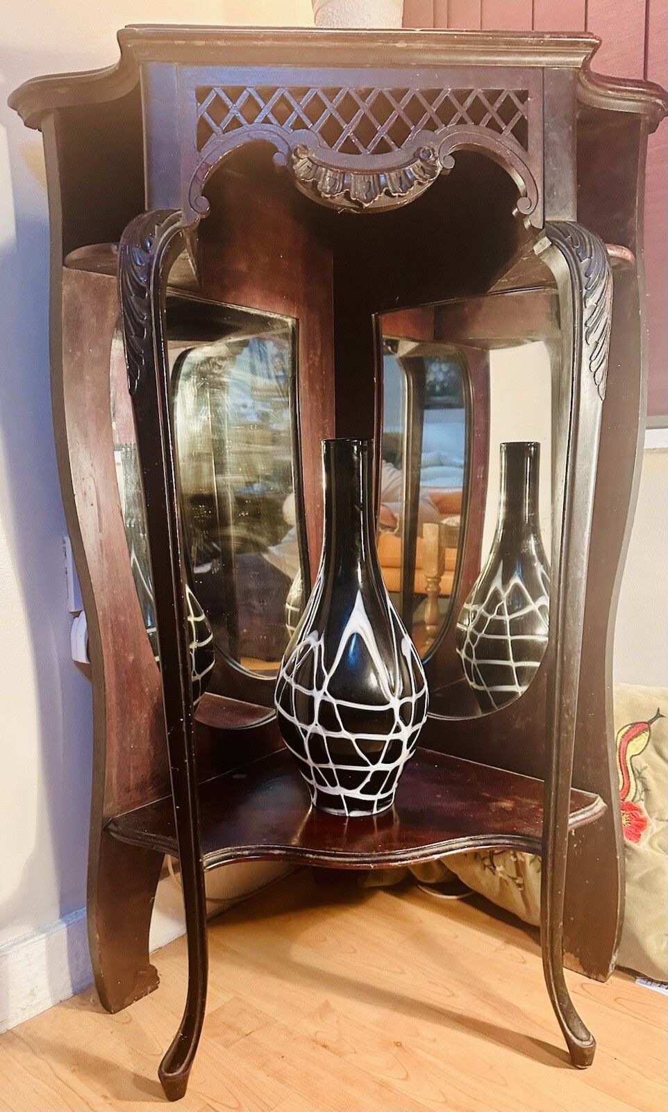Antique Victorian Ebony & Rosewood Mirrored Display  Cabinet Ebony Caribole Leg photo for sale