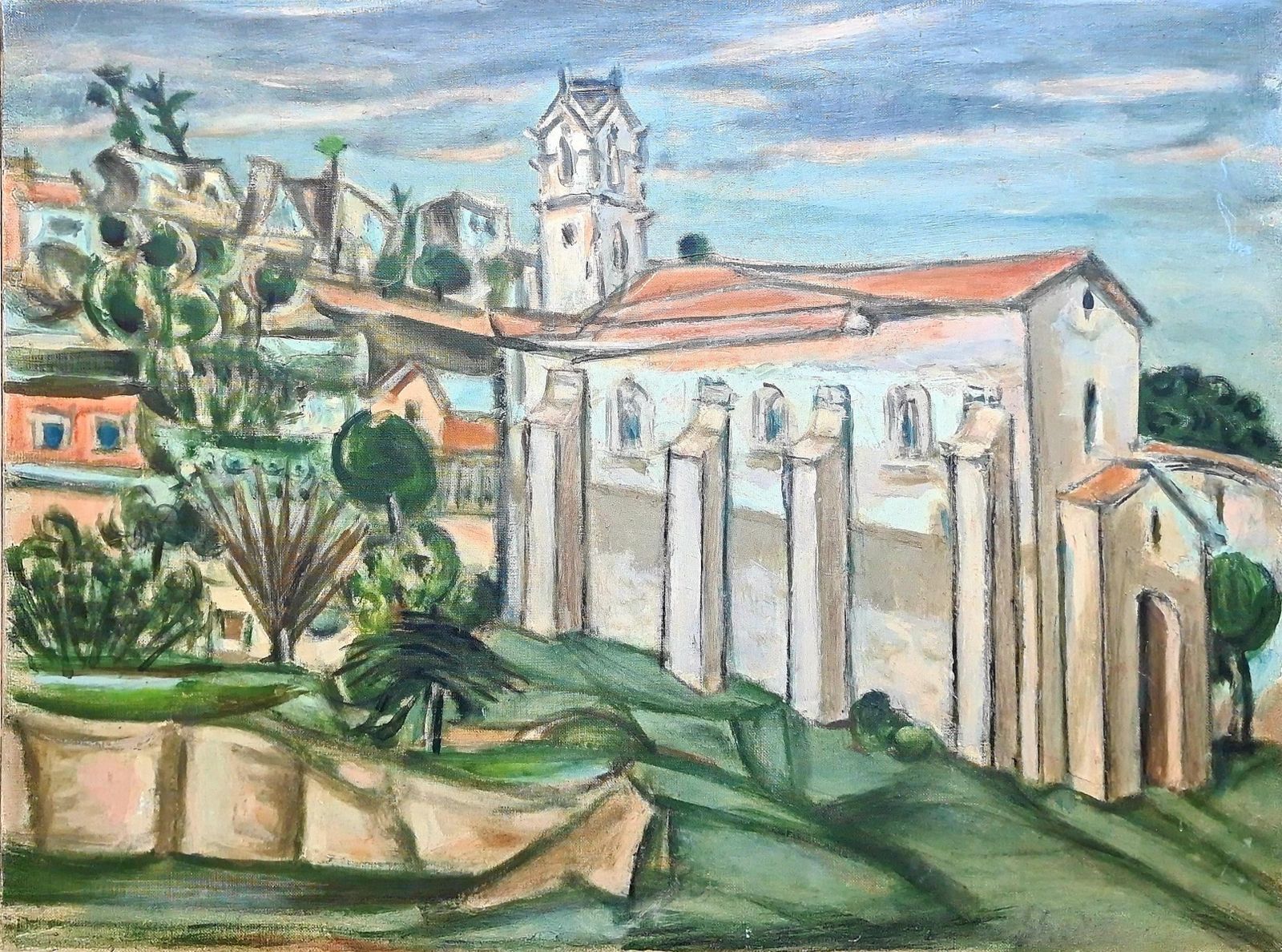 Mid Century Painting Of A Church, In A Monastery Garden From The 1950s By Shedlin (Reginald Schoedelin)