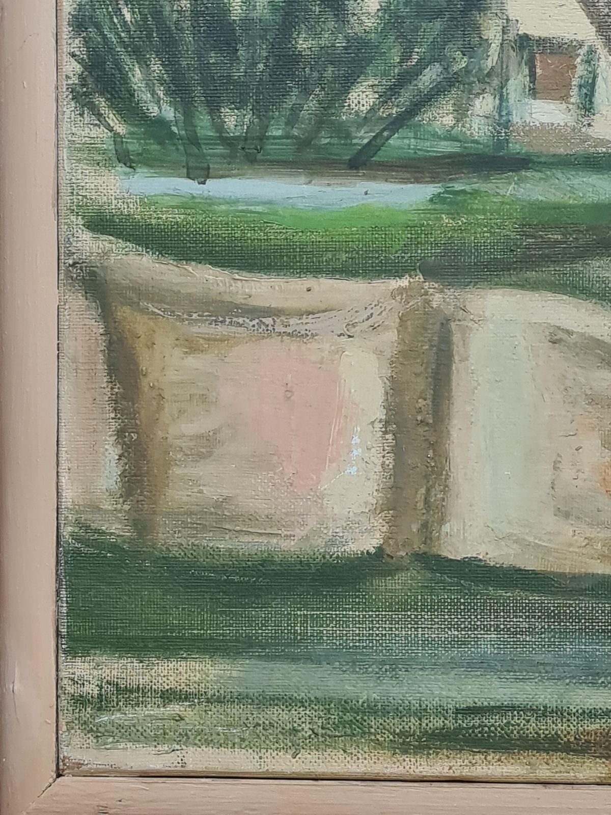 photo for sale Mid Century Painting Of A Church, In A Monastery Garden From The 1950s By Shedlin (Reginald Schoedelin)