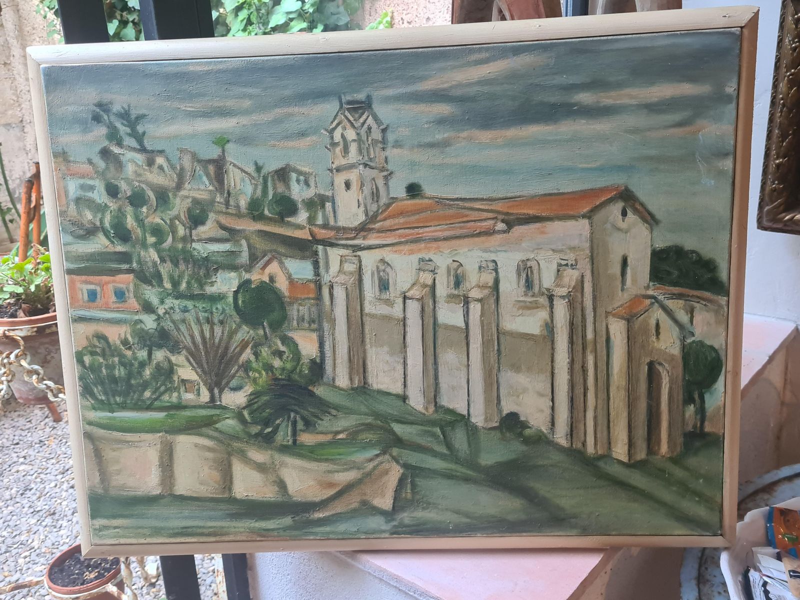 Art Mid Century Painting Of A Church, In A Monastery Garden From The 1950s By Shedlin (Reginald Schoedelin) photo