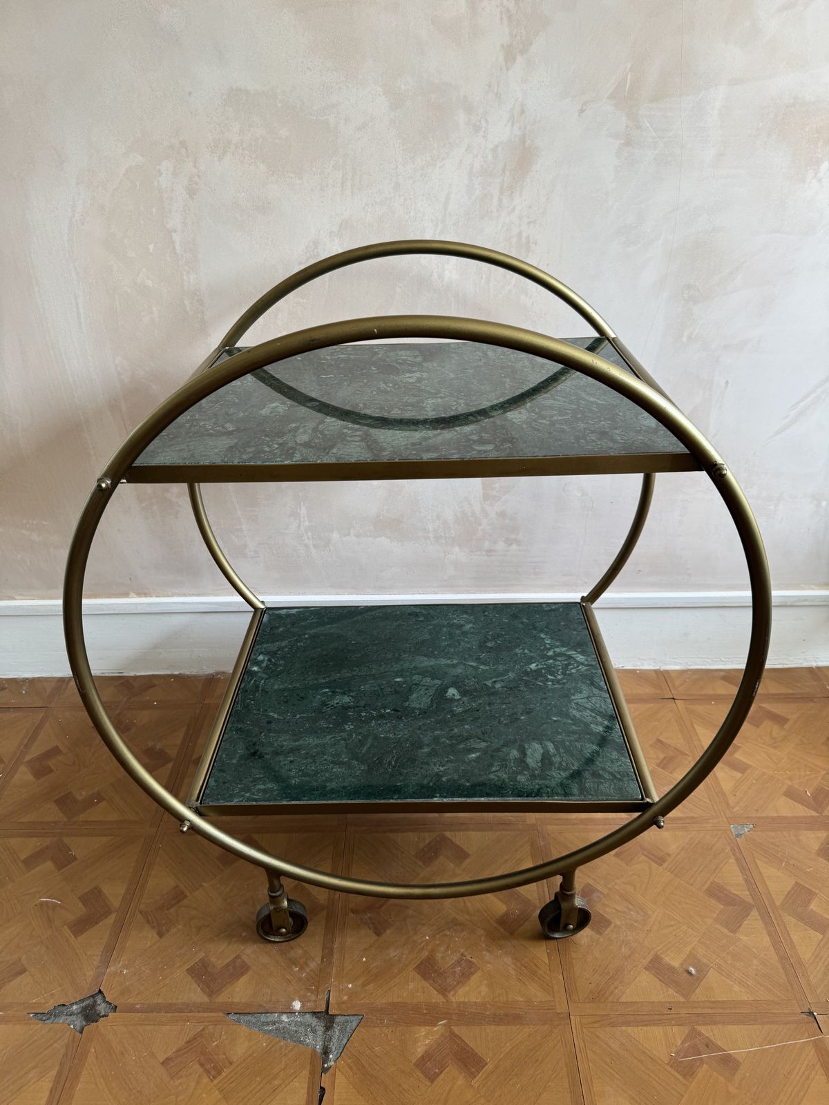 Green Marble And Metal Round Drinks Trolly / Bar Cart