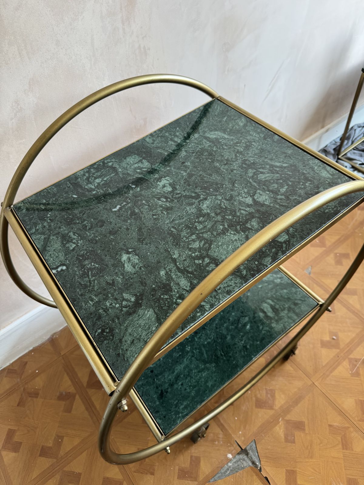 Green Marble And Metal Round Drinks Trolly / Bar Cart photo vinterior