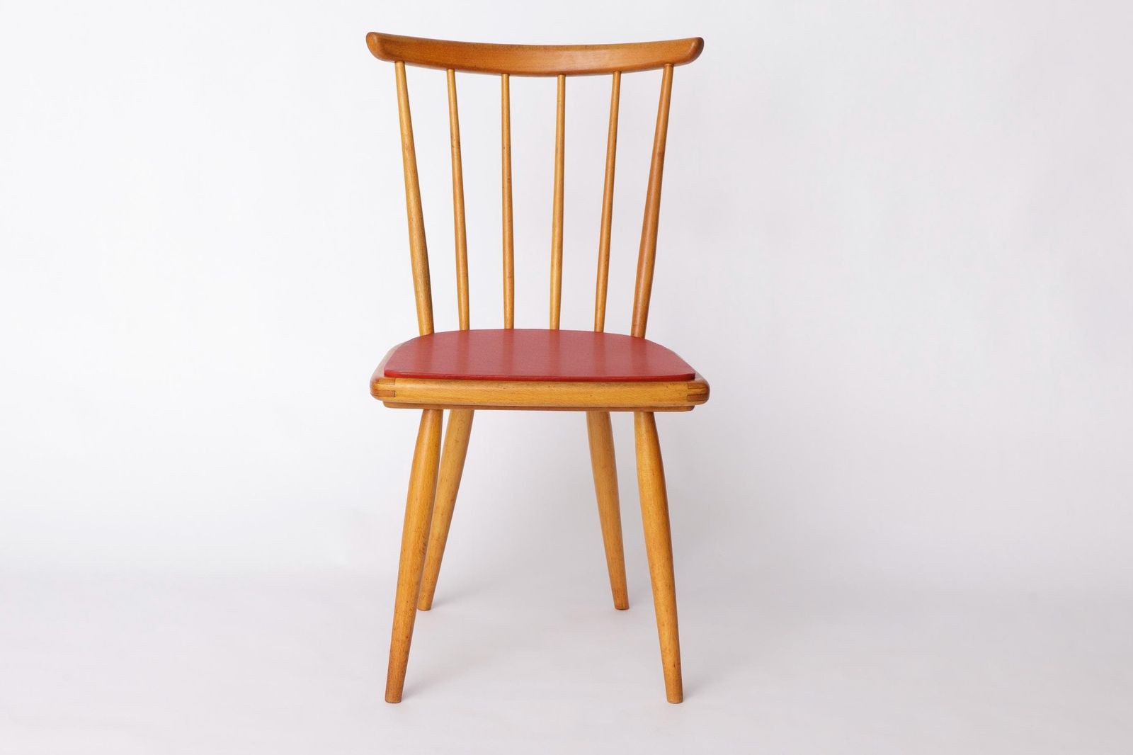 Vintage Beech Dining Chair With Original Red Faux Leather Seat – 1960s/70s Mid Century German Design
