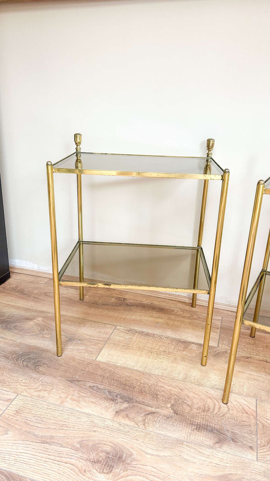 photo furniture Pair Of Brass & Smoked Glass Side Tables | Bedside Tables