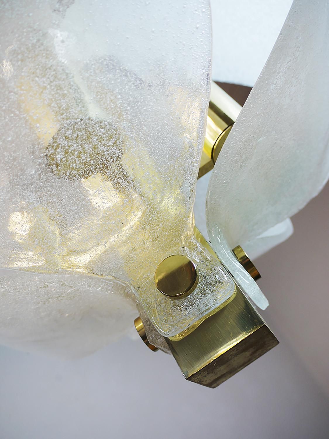 photo for sale Frosted Murano Tulip Chandelier Pendant Glass & Brass By Kaiser, Germany, 1970s