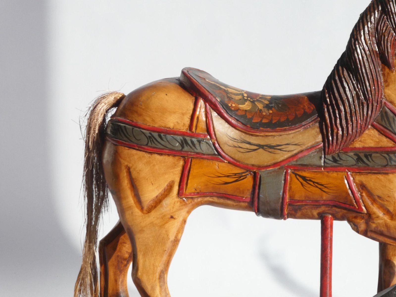 Wood Carved Rocking Horse With Glass Eyes, Carousel Horse With Floral Painted Details, Old Animal Toy On Wheels, Art Object photo for sale
