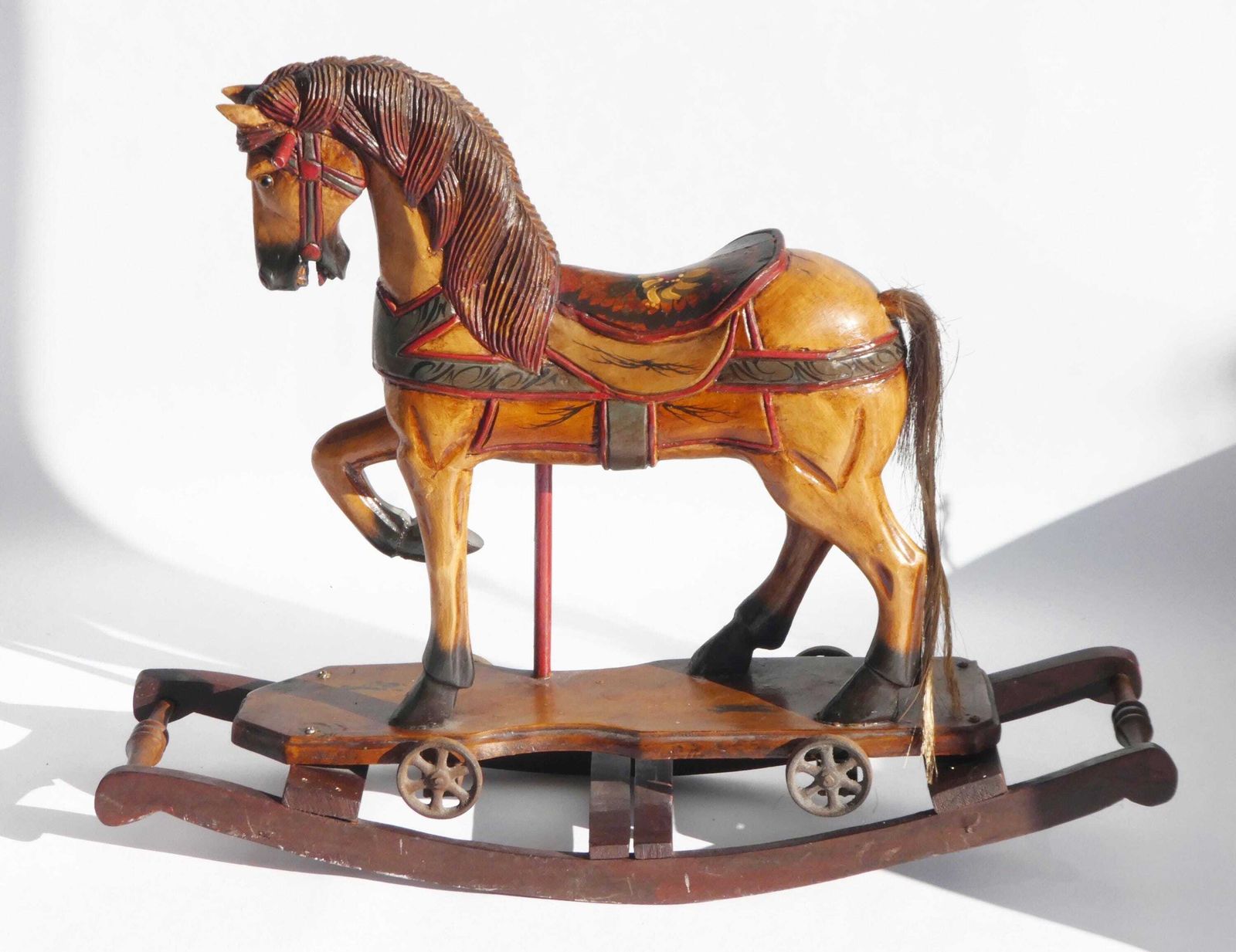 Wood Carved Rocking Horse With Glass Eyes, Carousel Horse With Floral Painted Details, Old Animal Toy On Wheels, Art Object photo Home Decor