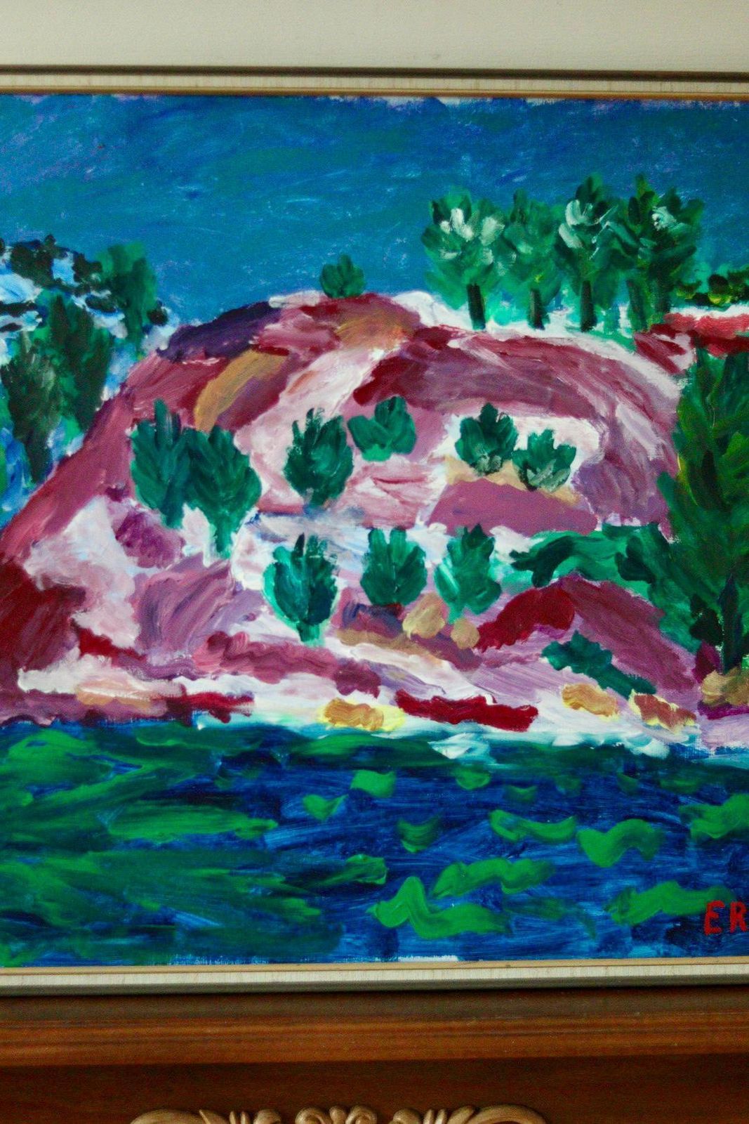 Original Vintage Acrylic On Panel – “Colourful Landscape Motif” By Erp – Framed | 54 X 51 Cm (21.3 X 20.1 In) photo Art