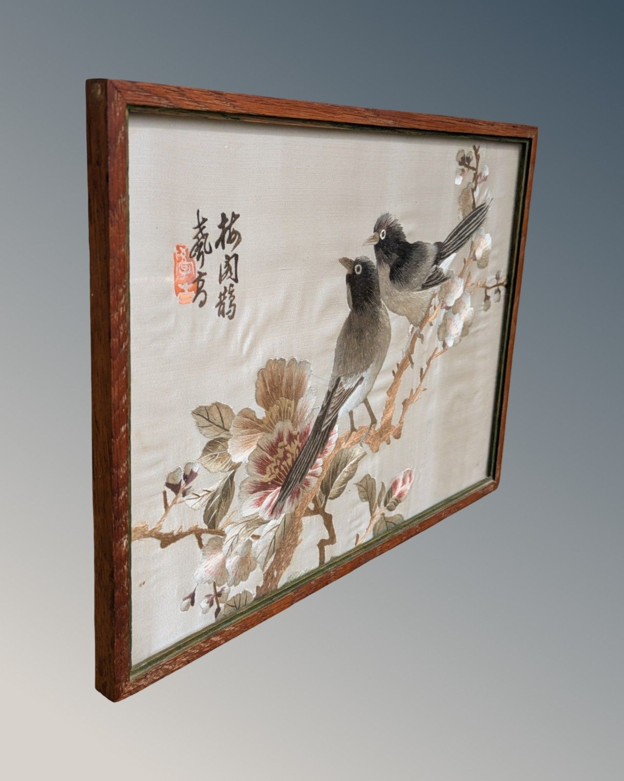 Pair Antique Chinese Embroidered Pictures Garden Birds & Mandarin Ducks photo for sale