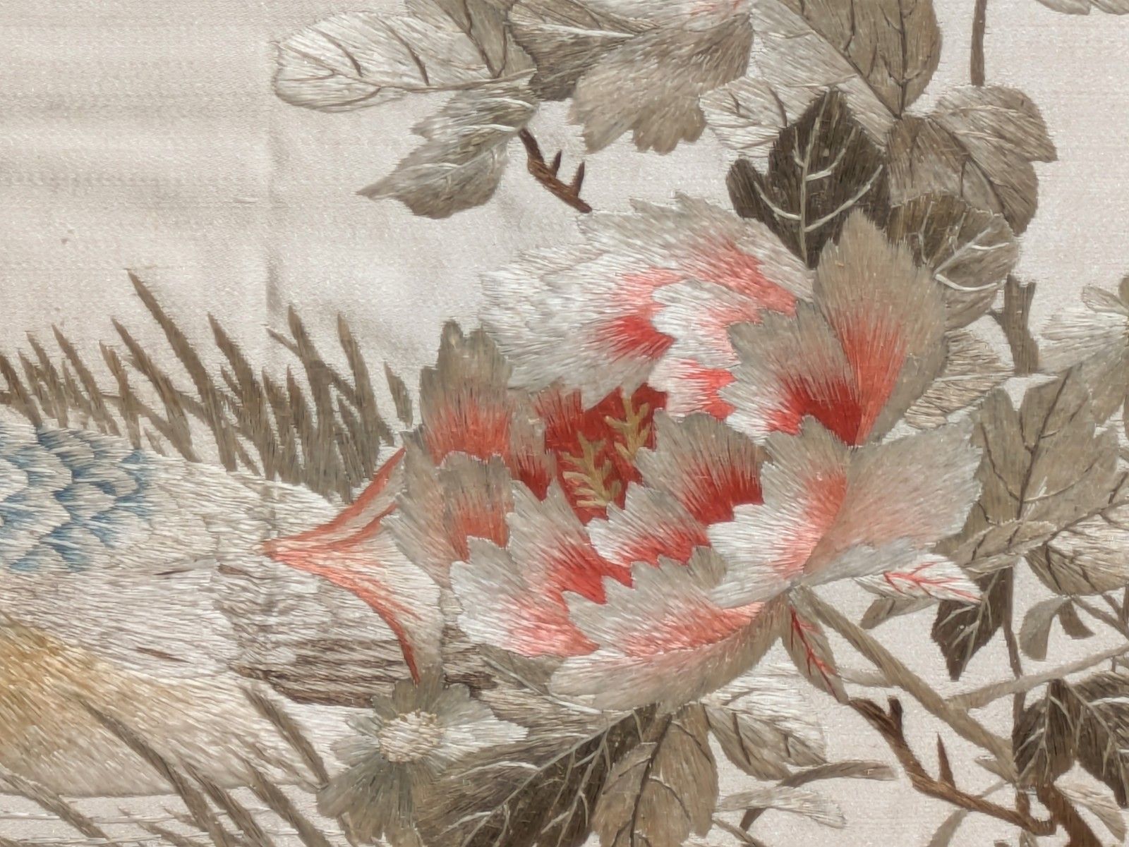 photo furniture Pair Antique Chinese Embroidered Pictures Garden Birds & Mandarin Ducks