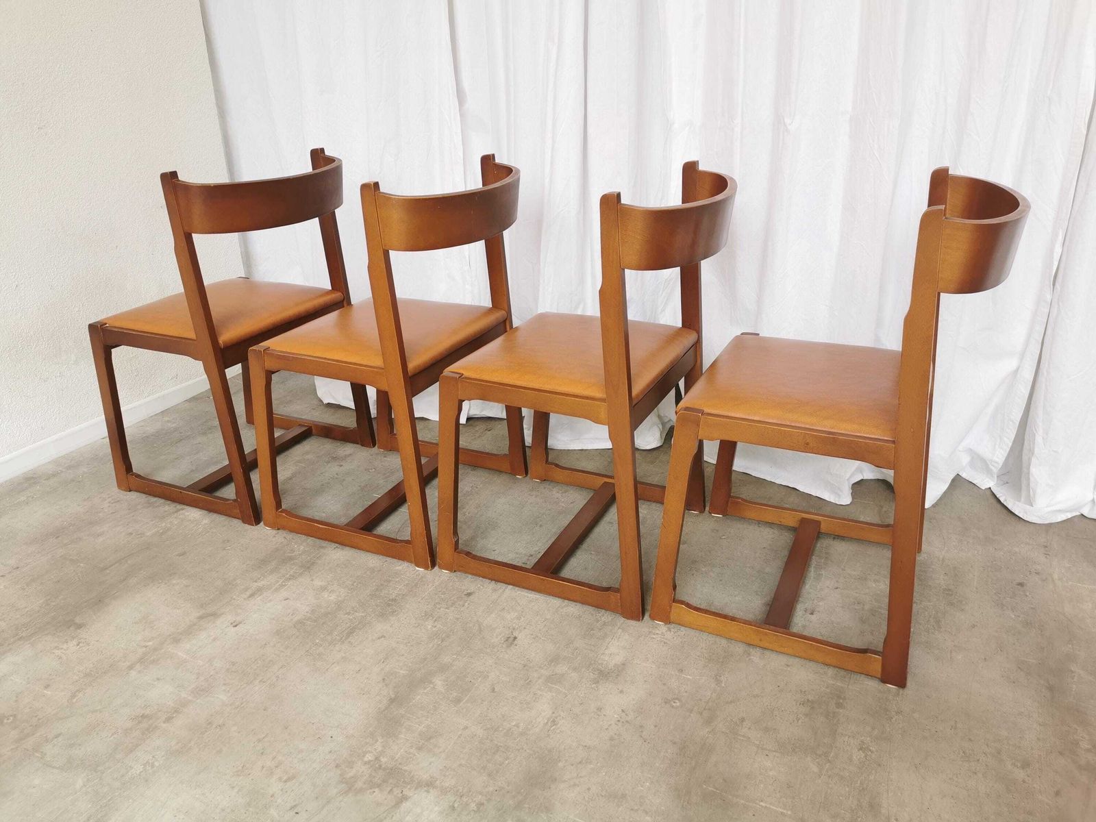 Set Of 4 Vintage Dining Chairs / 1970s Mid Century Wooden Sculptural Design With Brown Caramel Faux Leather Seats / Italian Modernist Design photo furniture