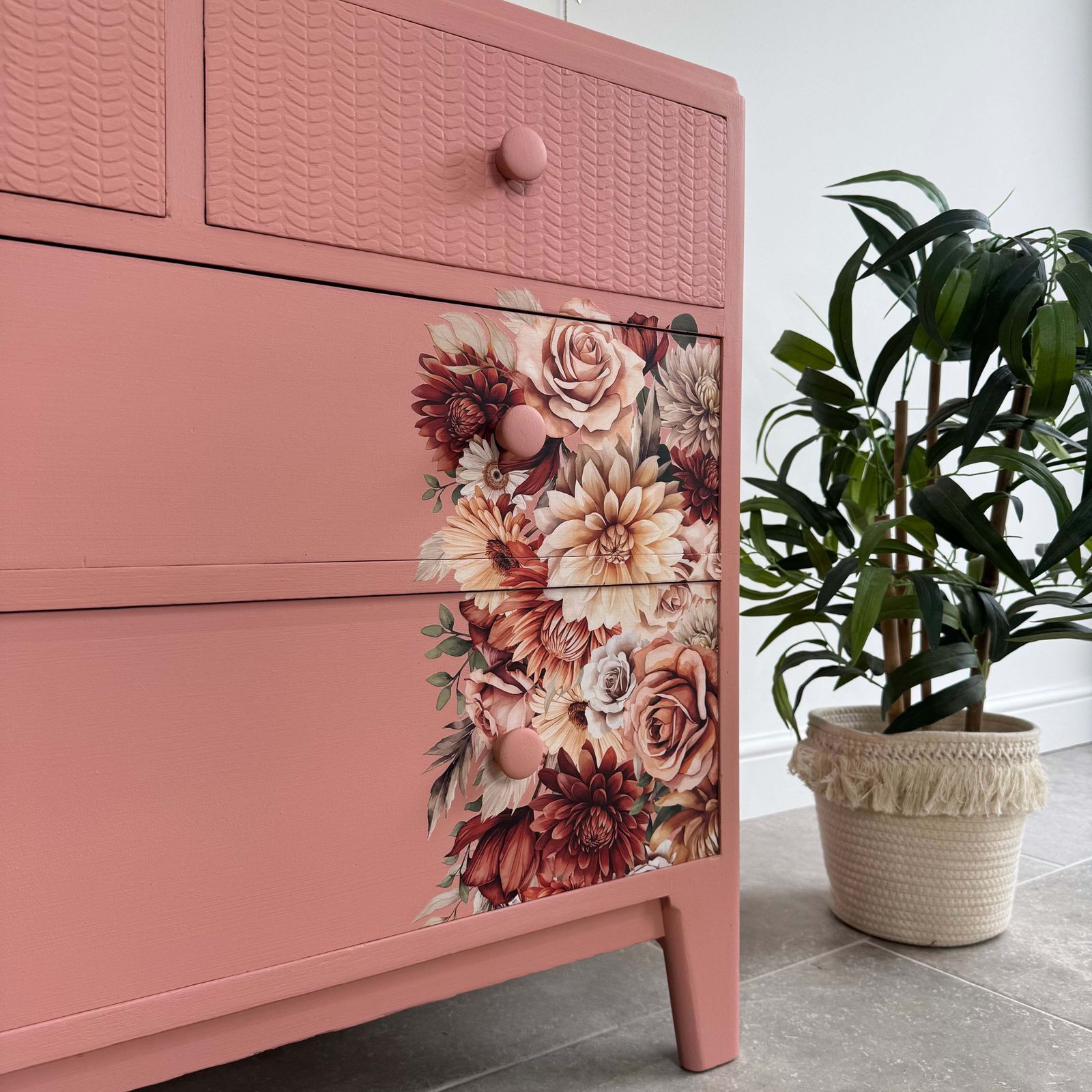 Colourful Pink Retro Chest Of Drawers With Florals photo vinterior