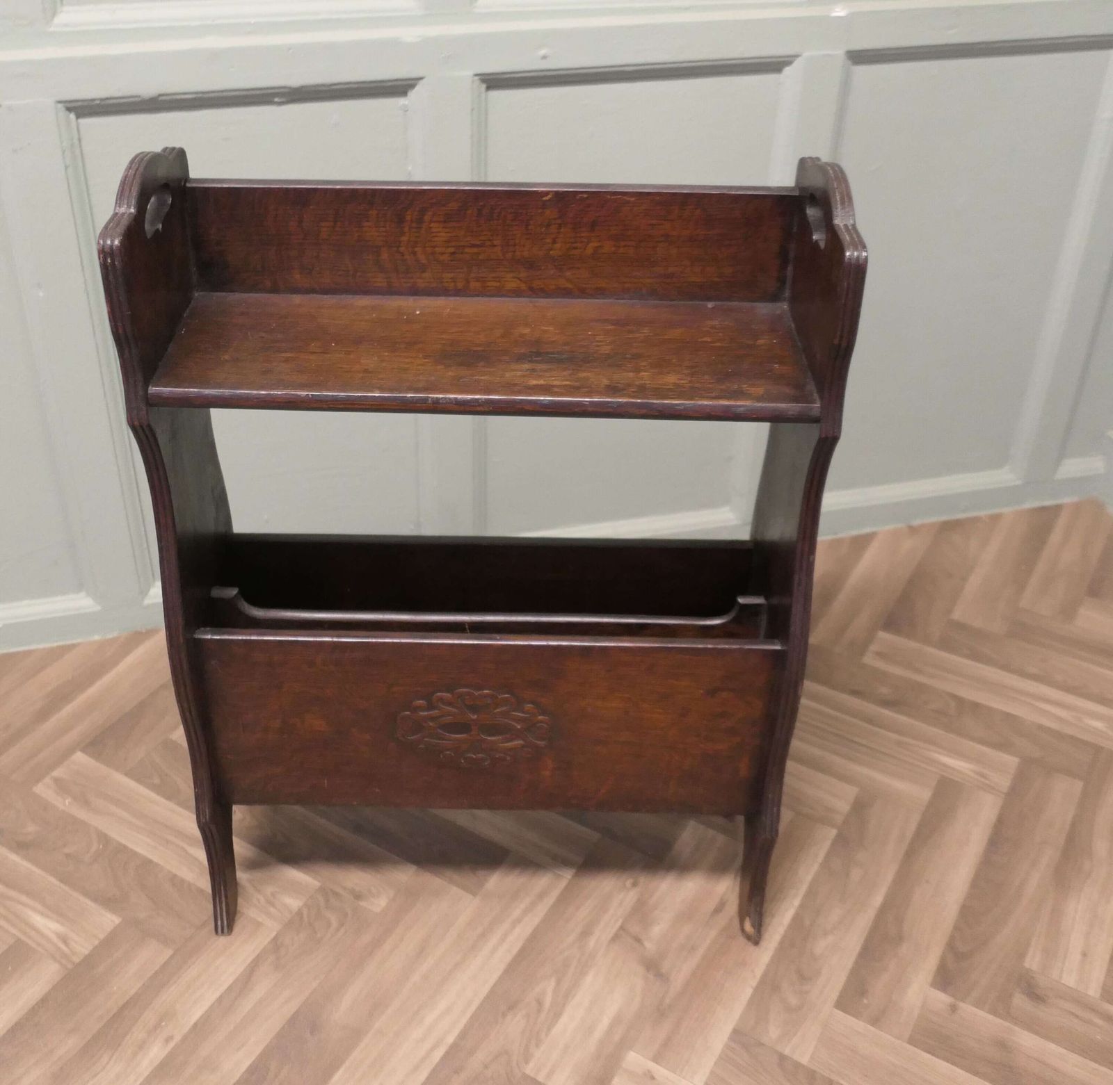 Arts And Crafts Open Front Oak Bookcase With Magazine Rack photo for sale