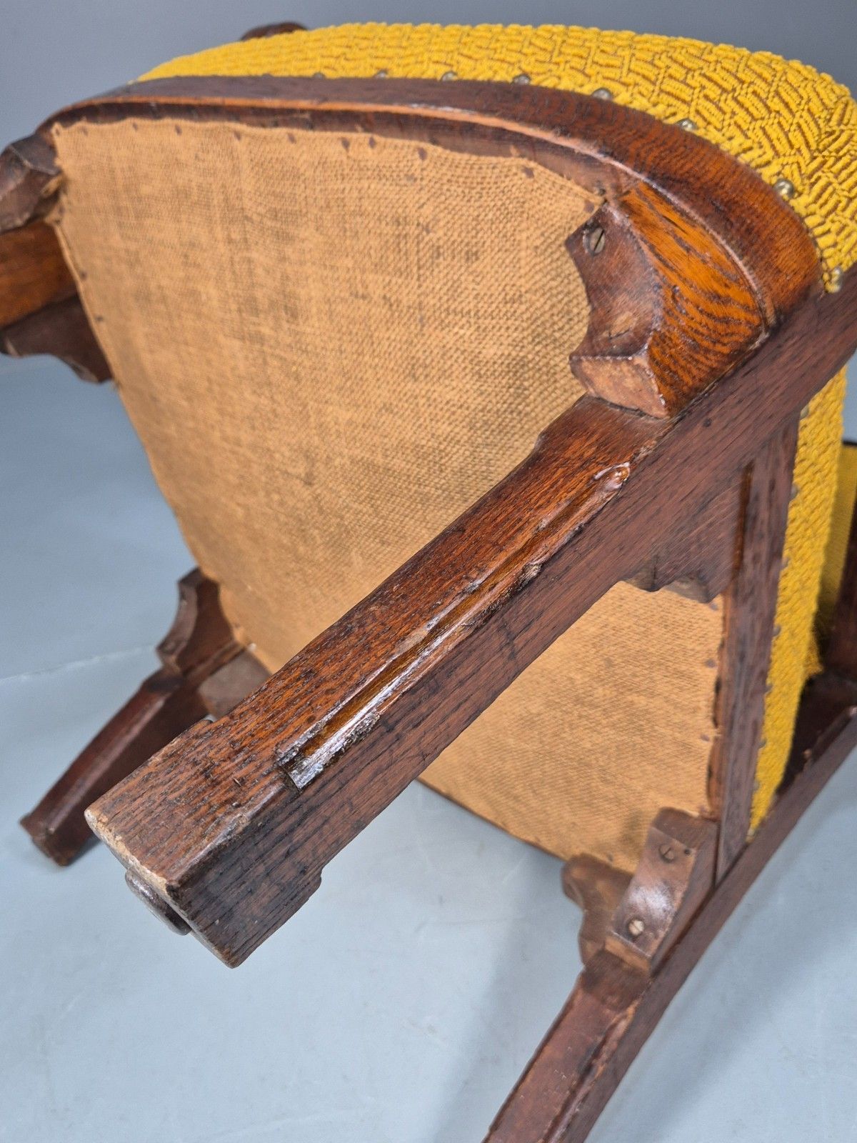 Antique Carved Oak Mustard Patterned Fabric Arm Chair Vintage Eb9788 Vcar photo vintage