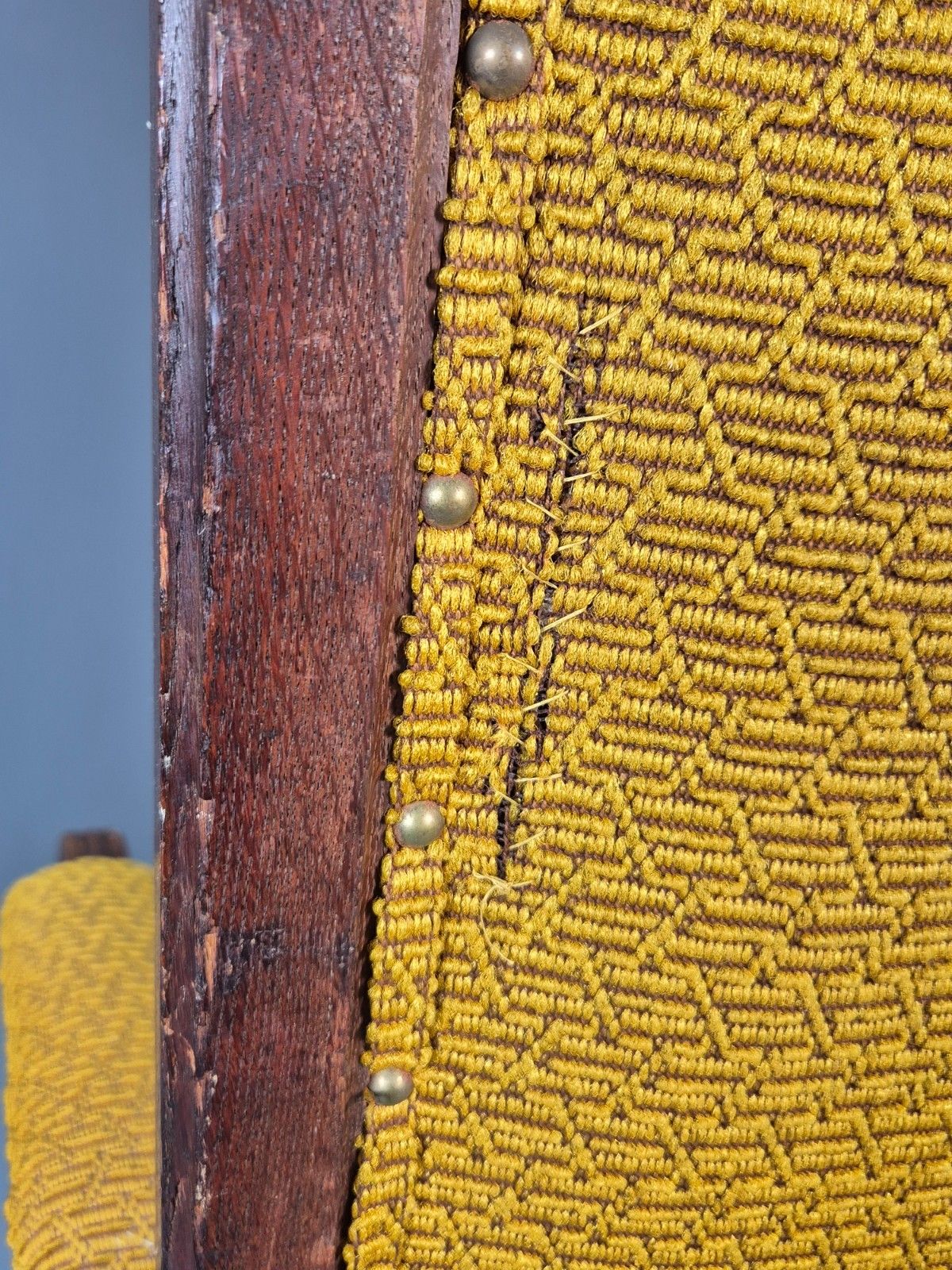 photo buy Antique Carved Oak Mustard Patterned Fabric Arm Chair Vintage Eb9788 Vcar