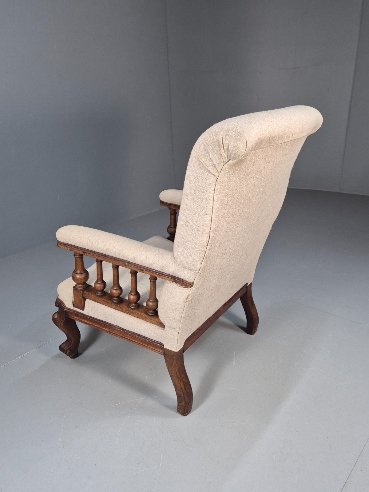 225.0 Antique Mahogany Library Chair Cream Fabric Vintage Retro Eb9382 Vclo photo