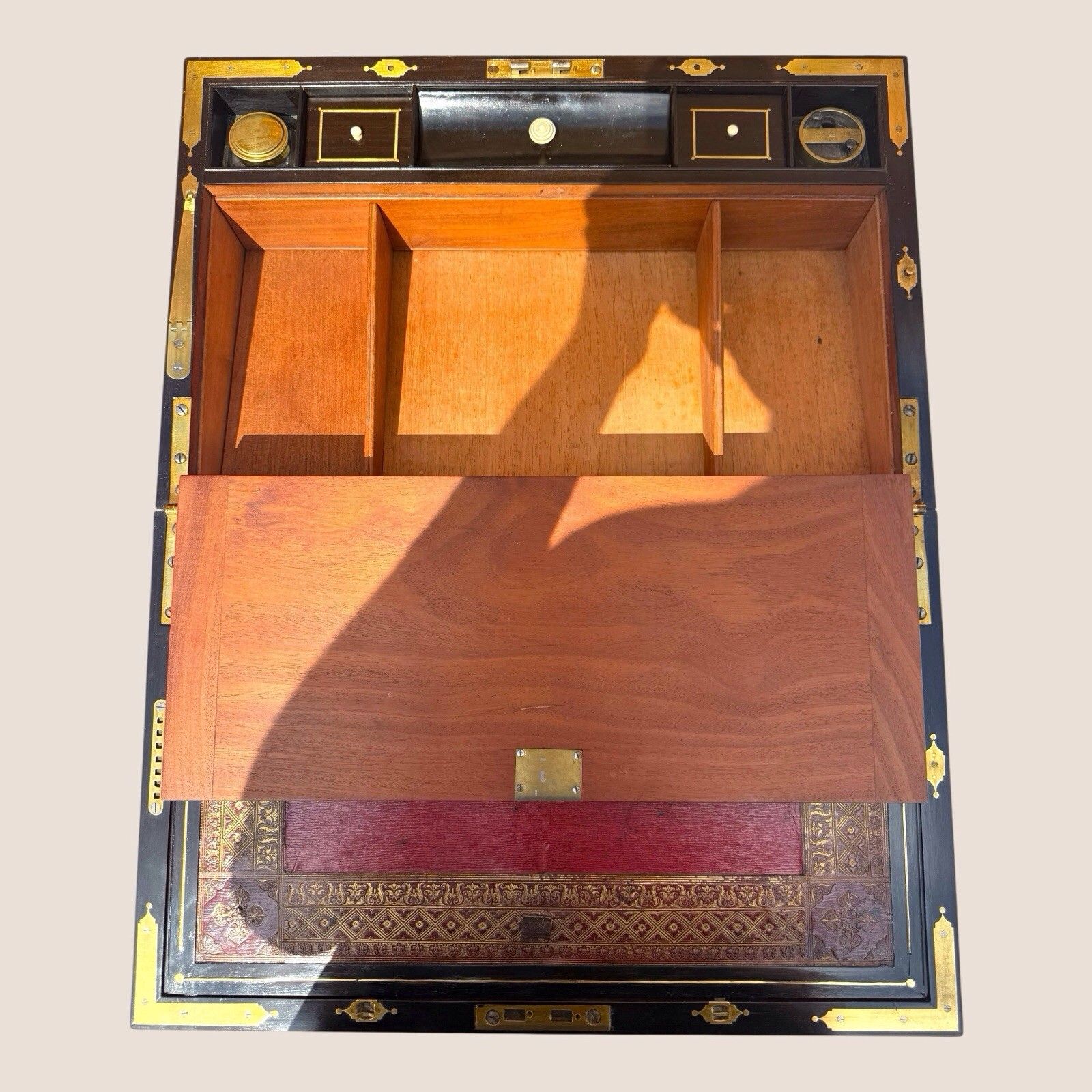 Antique Regency Mahogany & Brass Inlaid Campaign Writing Slope Box With Drawer photo vintage