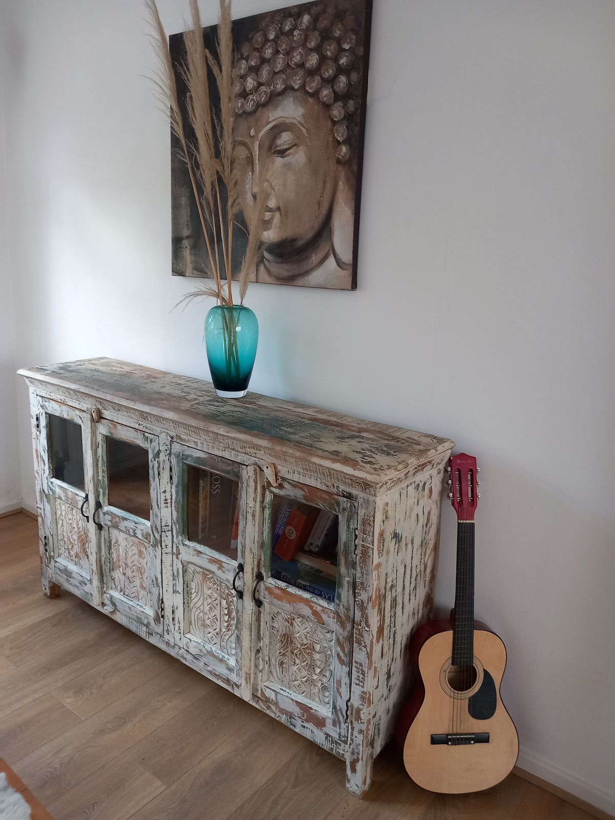 Beautiful, White Washed, Reclaimed Wood, Hand Painted And Crafted Indian Sideboard.
