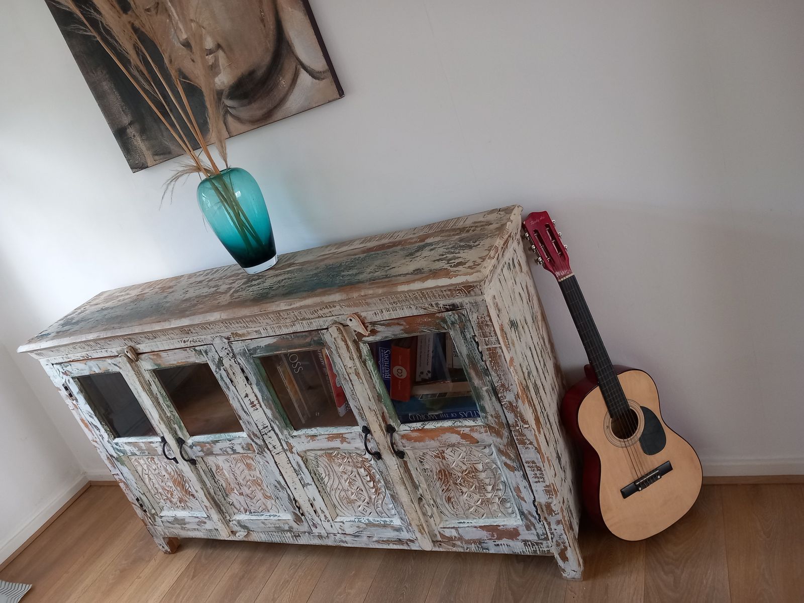 Beautiful, White Washed, Reclaimed Wood, Hand Painted And Crafted Indian Sideboard. photo for sale
