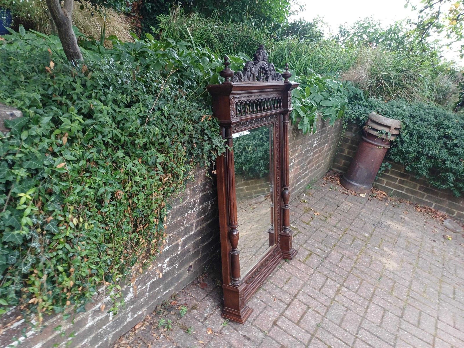 Massive Antique Victorian Carved Oak Over Mantel Mirror Large Ornate Gothic Revival Hall Mirror C1880s Statement Mirror photo 895.0